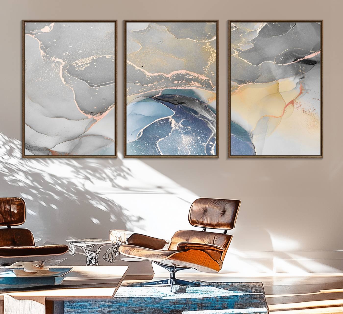 63211-MGV-FC-60X30-3P_Walnut-Gray Marble Fluid Effect Wall Art Abstract Canvas Wall Art Print