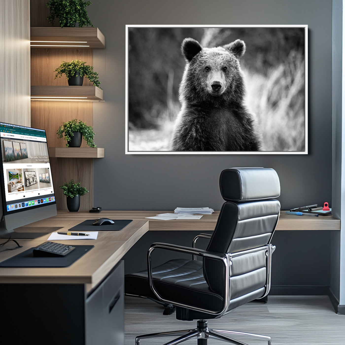 -Grizzly Bear Wall Art Canvas Print Framed Black White Bear Art Picture Wild Bear Print for Home, Office Decor
