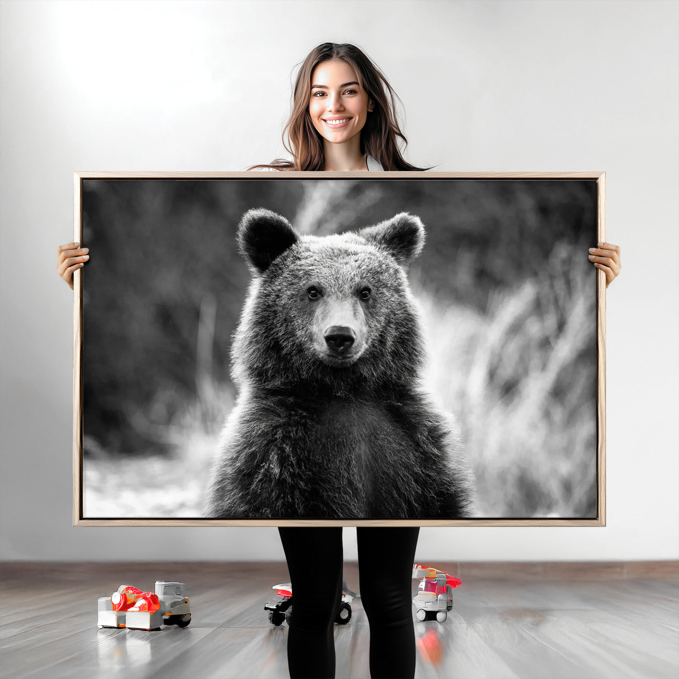 -Grizzly Bear Wall Art Canvas Print Framed Black White Bear Art Picture Wild Bear Print for Home, Office Decor