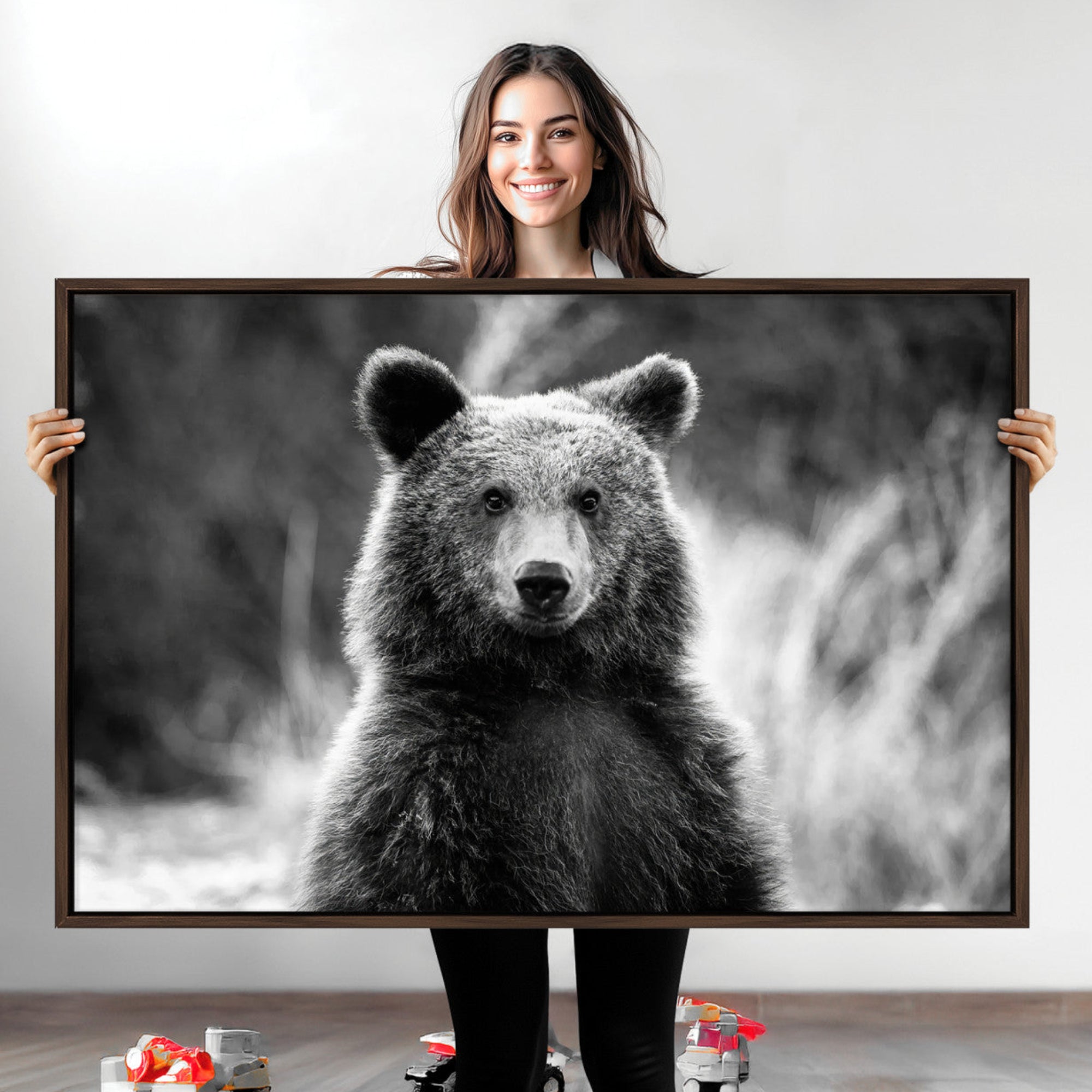 -Grizzly Bear Wall Art Canvas Print Framed Black White Bear Art Picture Wild Bear Print for Home, Office Decor
