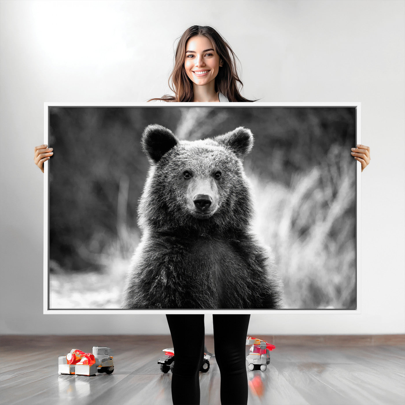 -Grizzly Bear Wall Art Canvas Print Framed Black White Bear Art Picture Wild Bear Print for Home, Office Decor