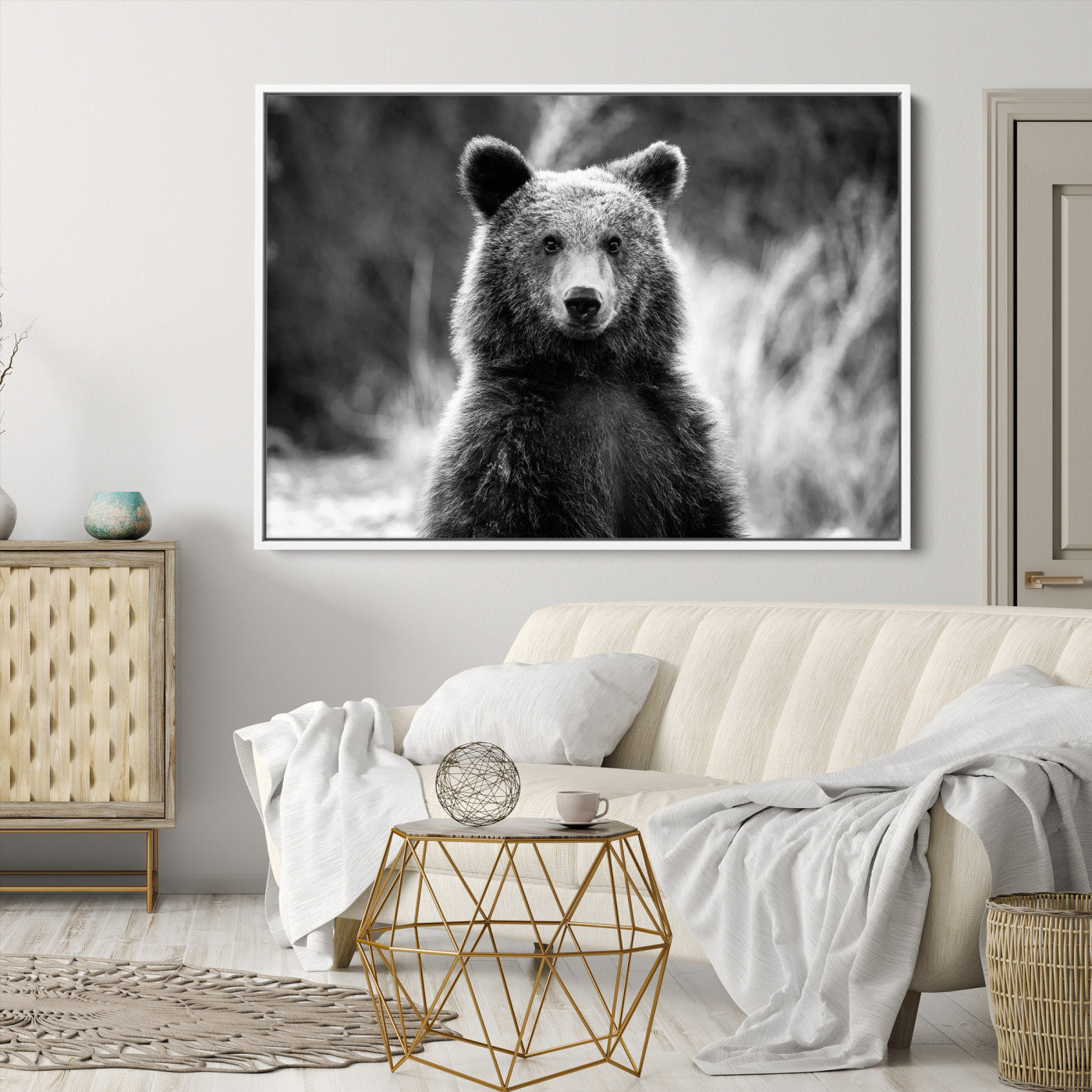 -Grizzly Bear Wall Art Canvas Print Framed Black White Bear Art Picture Wild Bear Print for Home, Office Decor