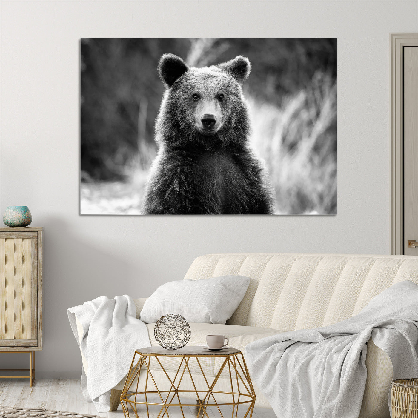 55656803-MGV-CV-36X24-Grizzly Bear Wall Art Canvas Print Framed Black White Bear Art Picture Wild Bear Print for Home, Office Decor