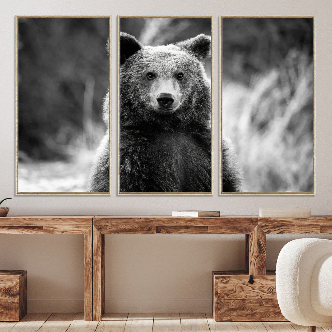 -Grizzly Bear Wall Art Canvas Print Framed Black White Bear Art Picture Wild Bear Print for Home, Office Decor