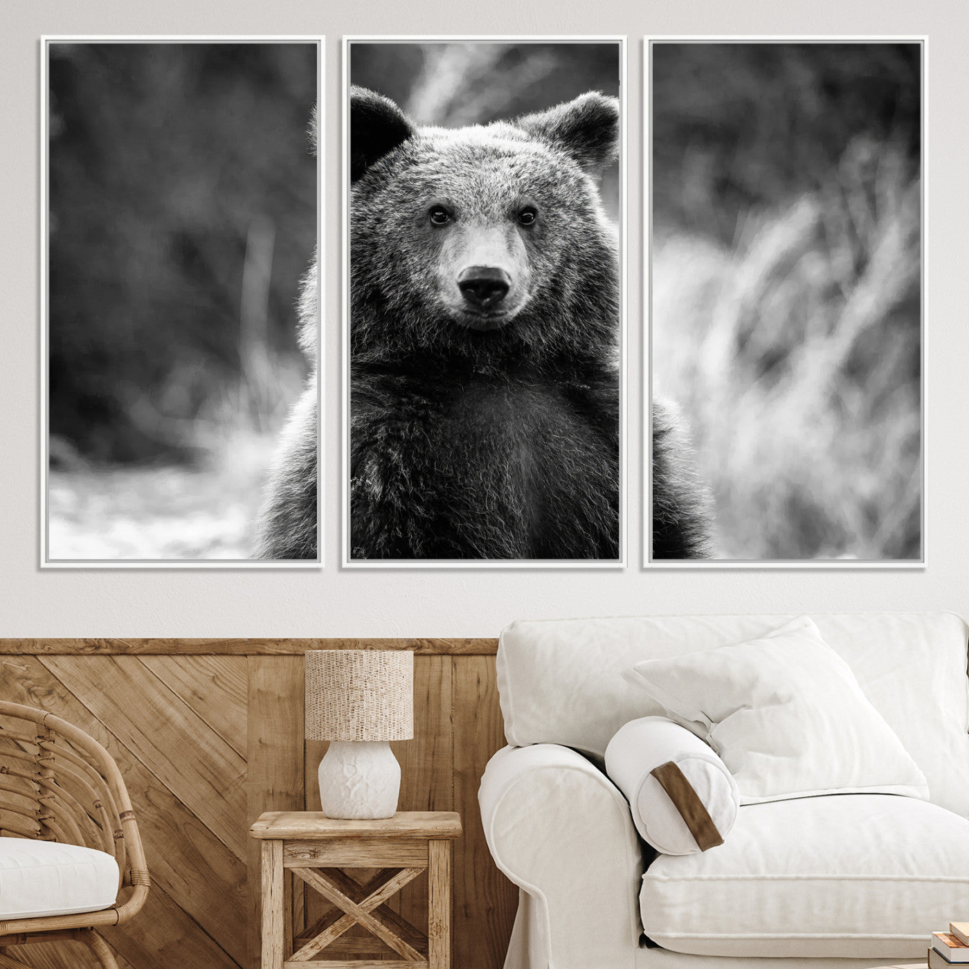 -Grizzly Bear Wall Art Canvas Print Framed Black White Bear Art Picture Wild Bear Print for Home, Office Decor