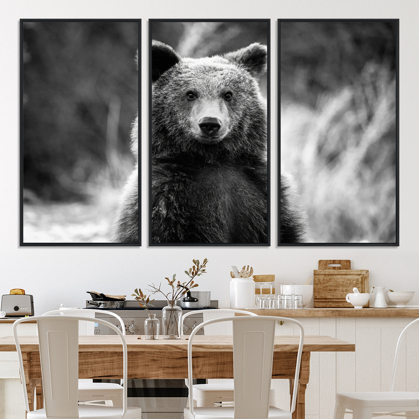 -Grizzly Bear Wall Art Canvas Print Framed Black White Bear Art Picture Wild Bear Print for Home, Office Decor