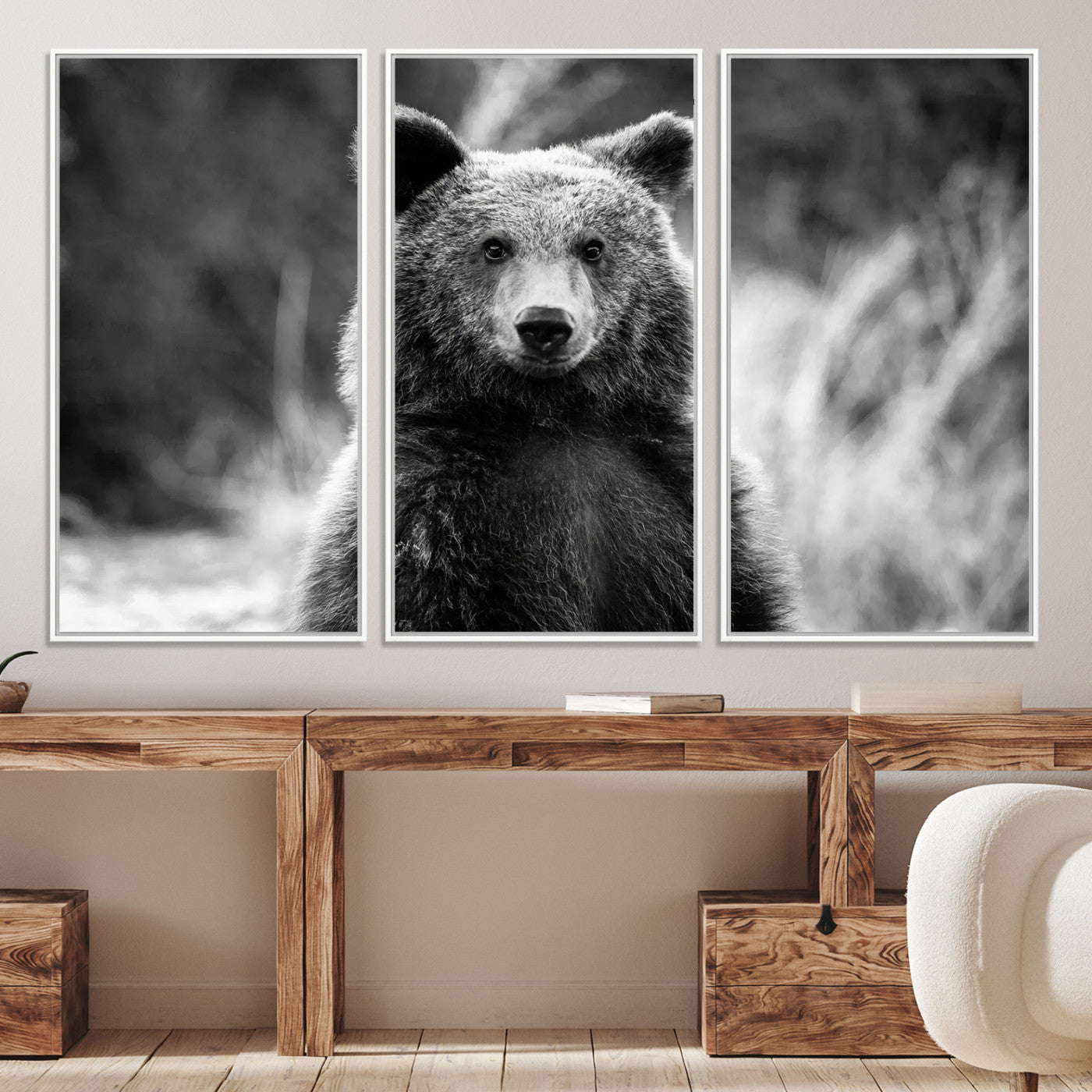 -Grizzly Bear Wall Art Canvas Print Framed Black White Bear Art Picture Wild Bear Print for Home, Office Decor
