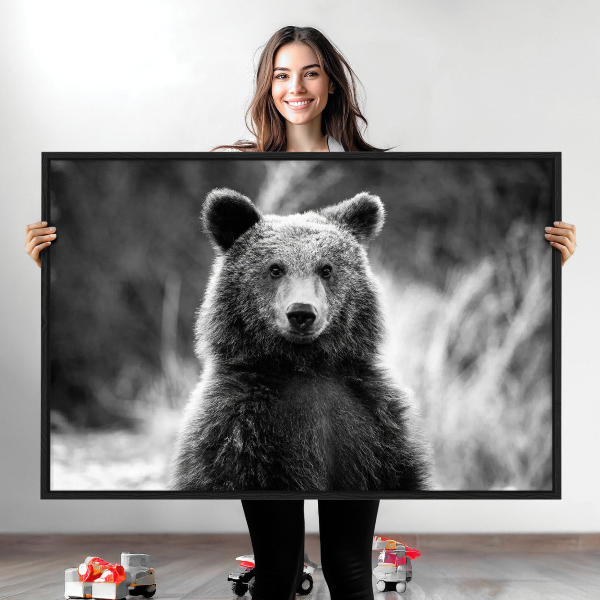 -Grizzly Bear Wall Art Canvas Print Framed Black White Bear Art Picture Wild Bear Print for Home, Office Decor