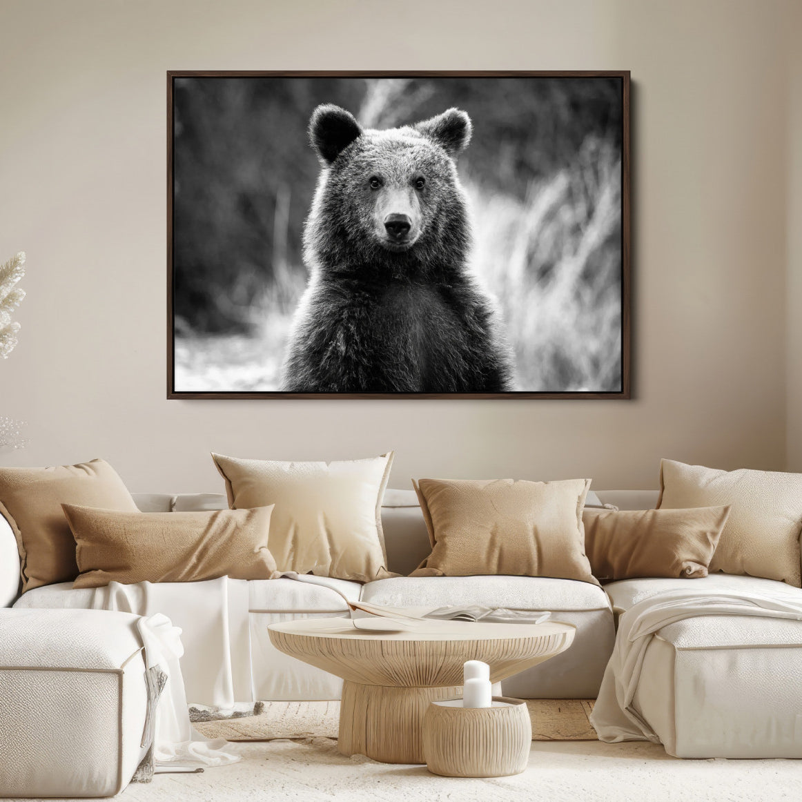 55656803-MGV-FC-36X24_Walnut-Grizzly Bear Wall Art Canvas Print Framed Black White Bear Art Picture Wild Bear Print for Home, Office Decor