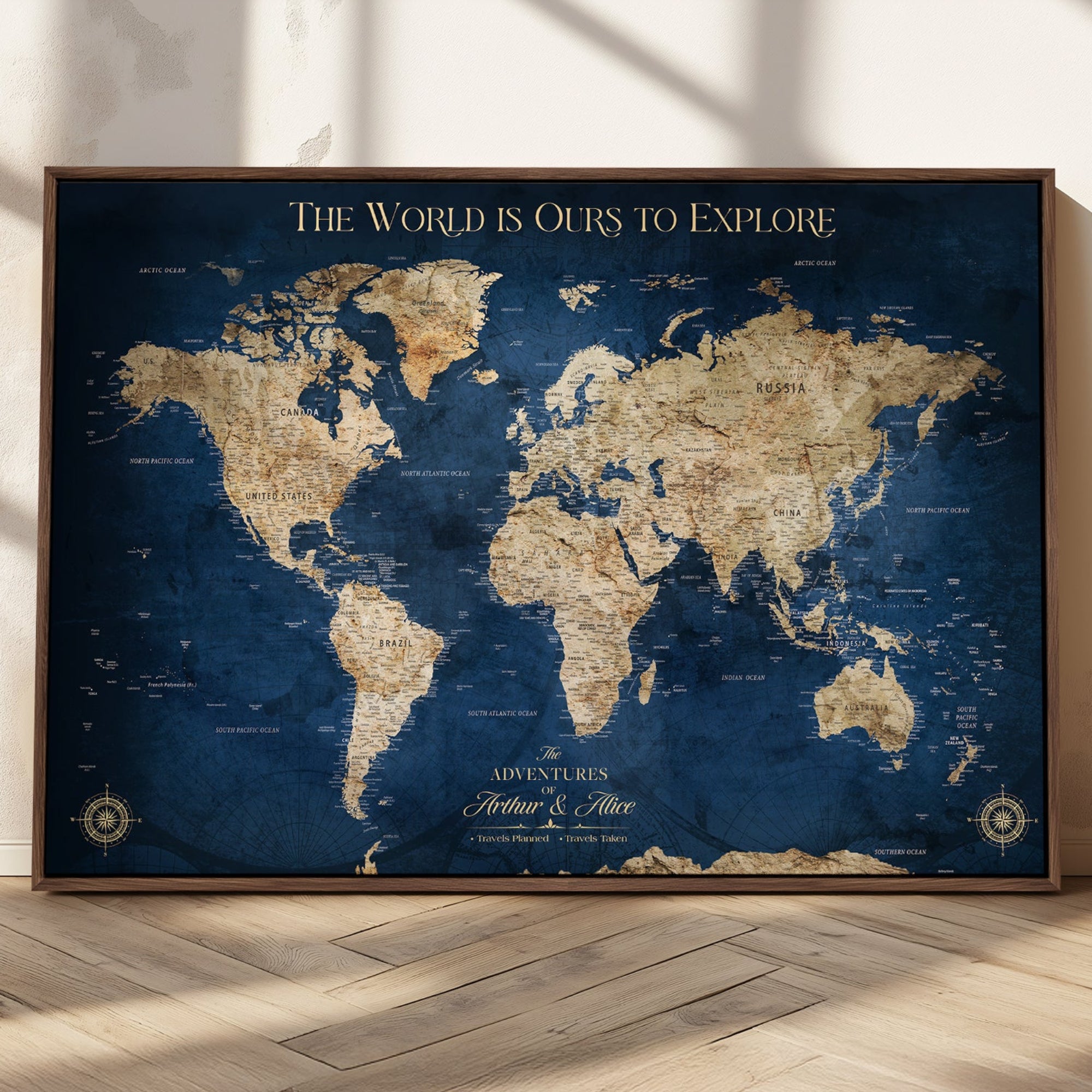 Rehber01-MGV-CV-36X24-Personalized Push Pin World Map Canvas Print Custom Travel Tracker Map Framed Wall Art Gift for Couples Family for Home, Office