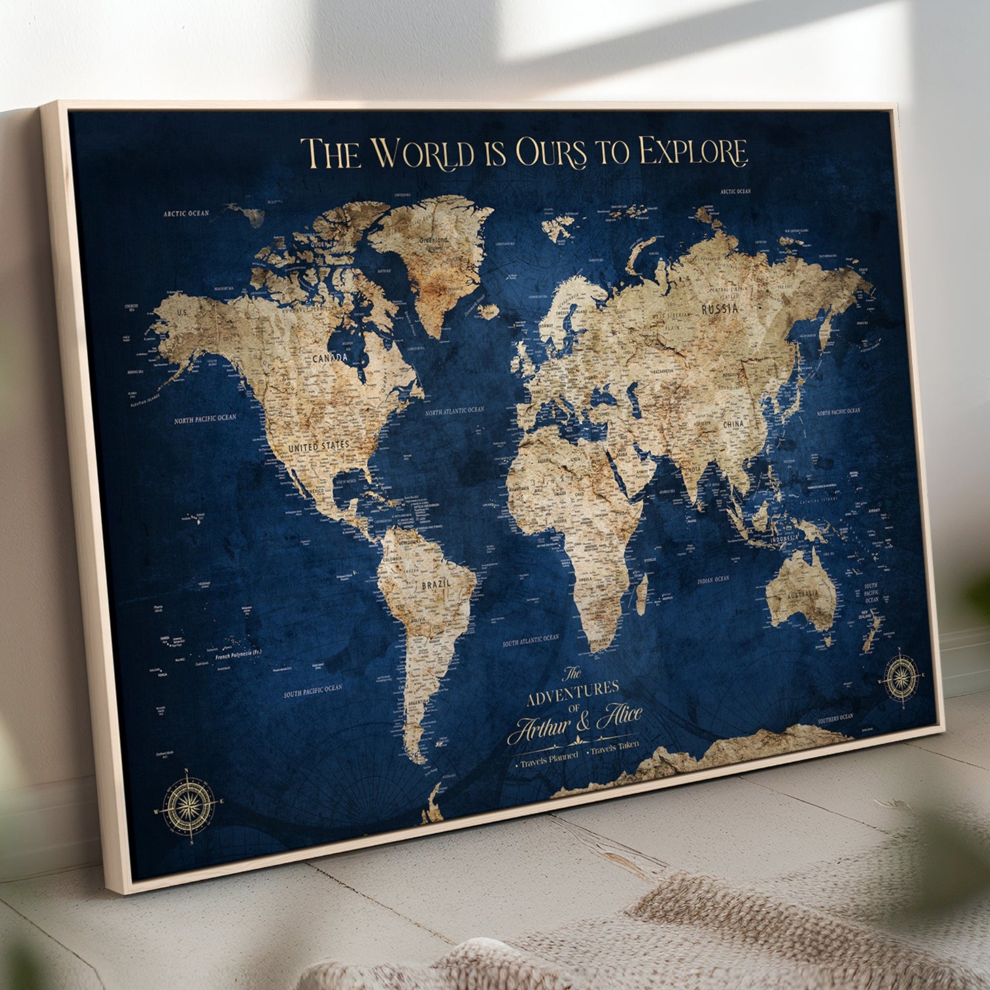 Rehber01-MGV-CV-36X24-Personalized Push Pin World Map Canvas Print Custom Travel Tracker Map Framed Wall Art Gift for Couples Family for Home, Office