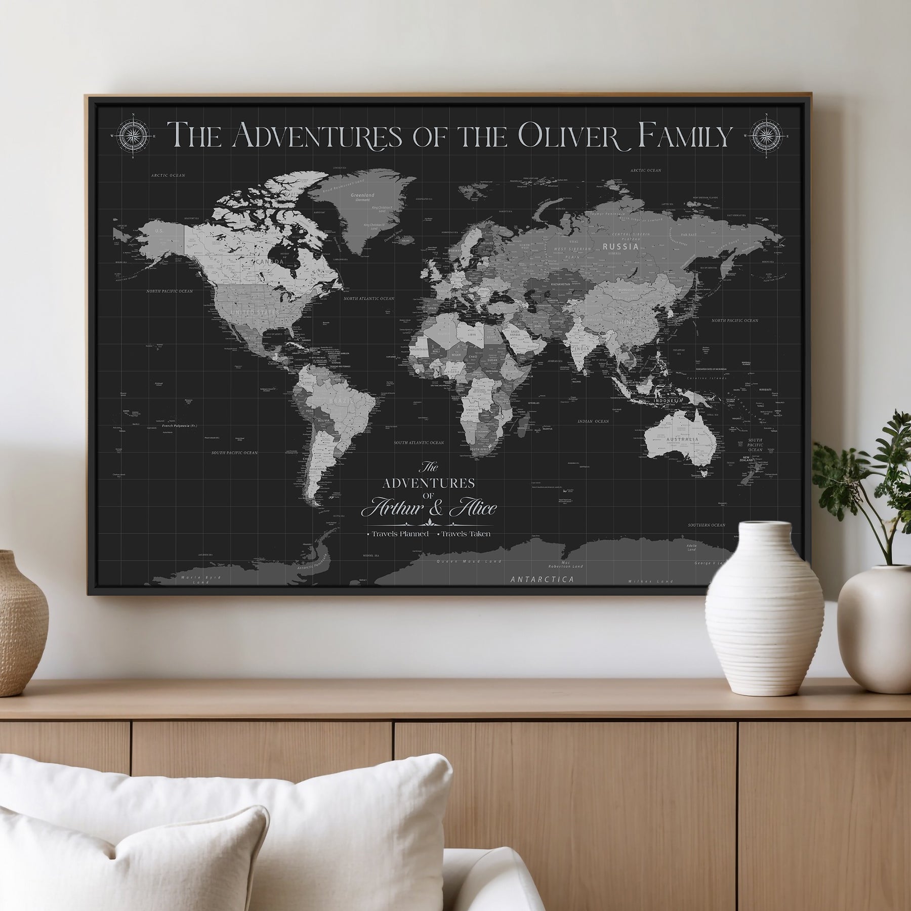 -Personalized Family World Map Canvas – Custom Framed Push Pin Travel Tracker, Modern Adventure Wall Art for Home, Office