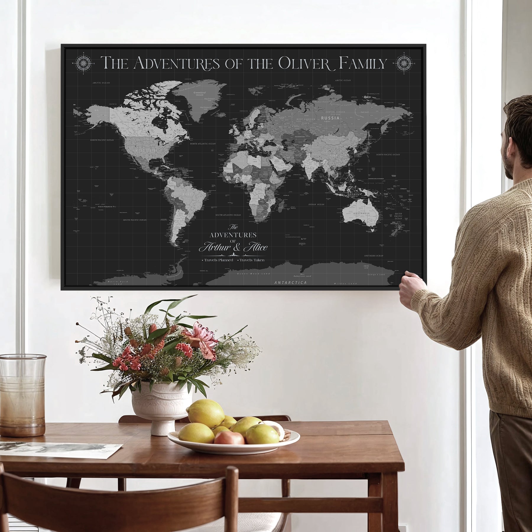 -Personalized Family World Map Canvas – Custom Framed Push Pin Travel Tracker, Modern Adventure Wall Art for Home, Office