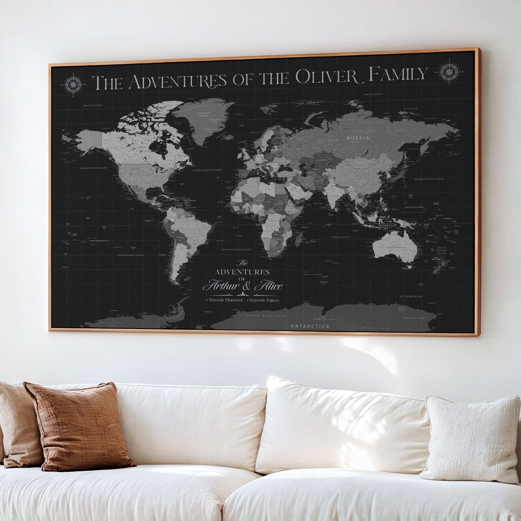 -Personalized Family World Map Canvas – Custom Framed Push Pin Travel Tracker, Modern Adventure Wall Art for Home, Office