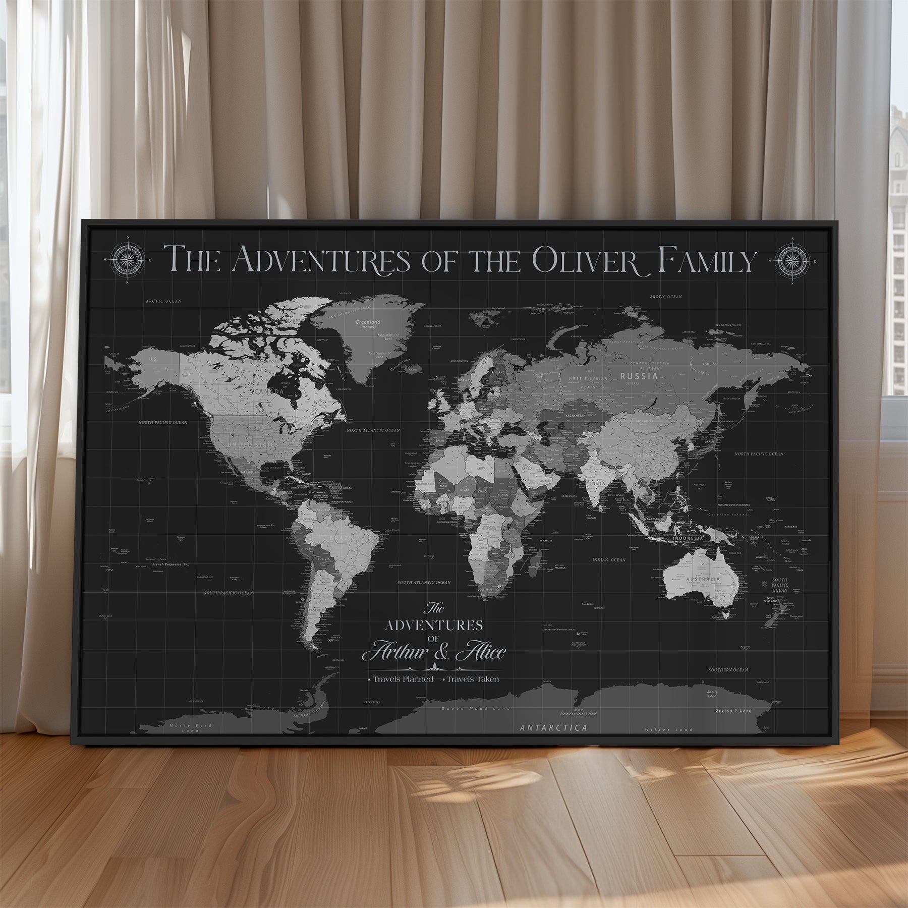 -Personalized Family World Map Canvas – Custom Framed Push Pin Travel Tracker, Modern Adventure Wall Art for Home, Office