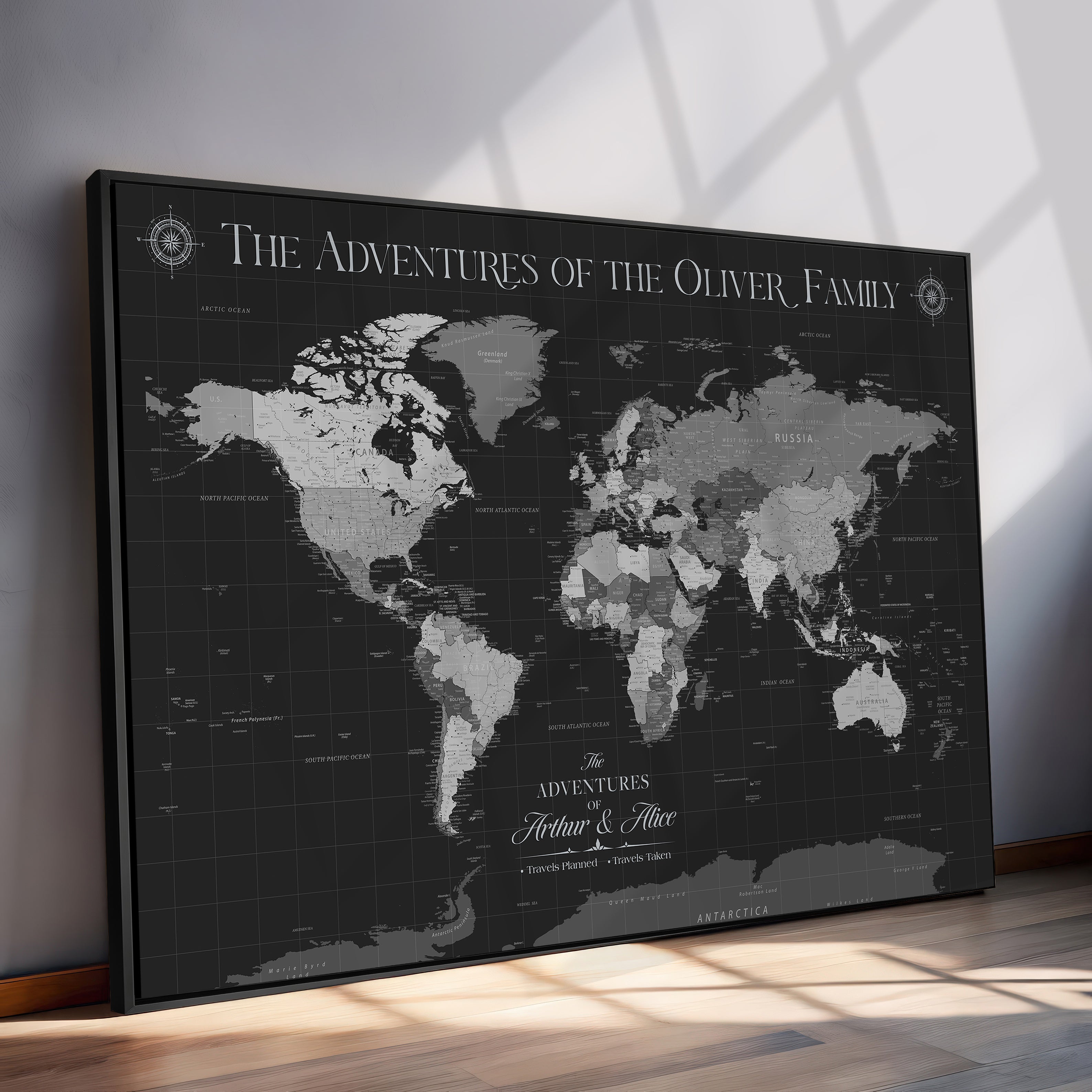 -Personalized Family World Map Canvas – Custom Framed Push Pin Travel Tracker, Modern Adventure Wall Art for Home, Office