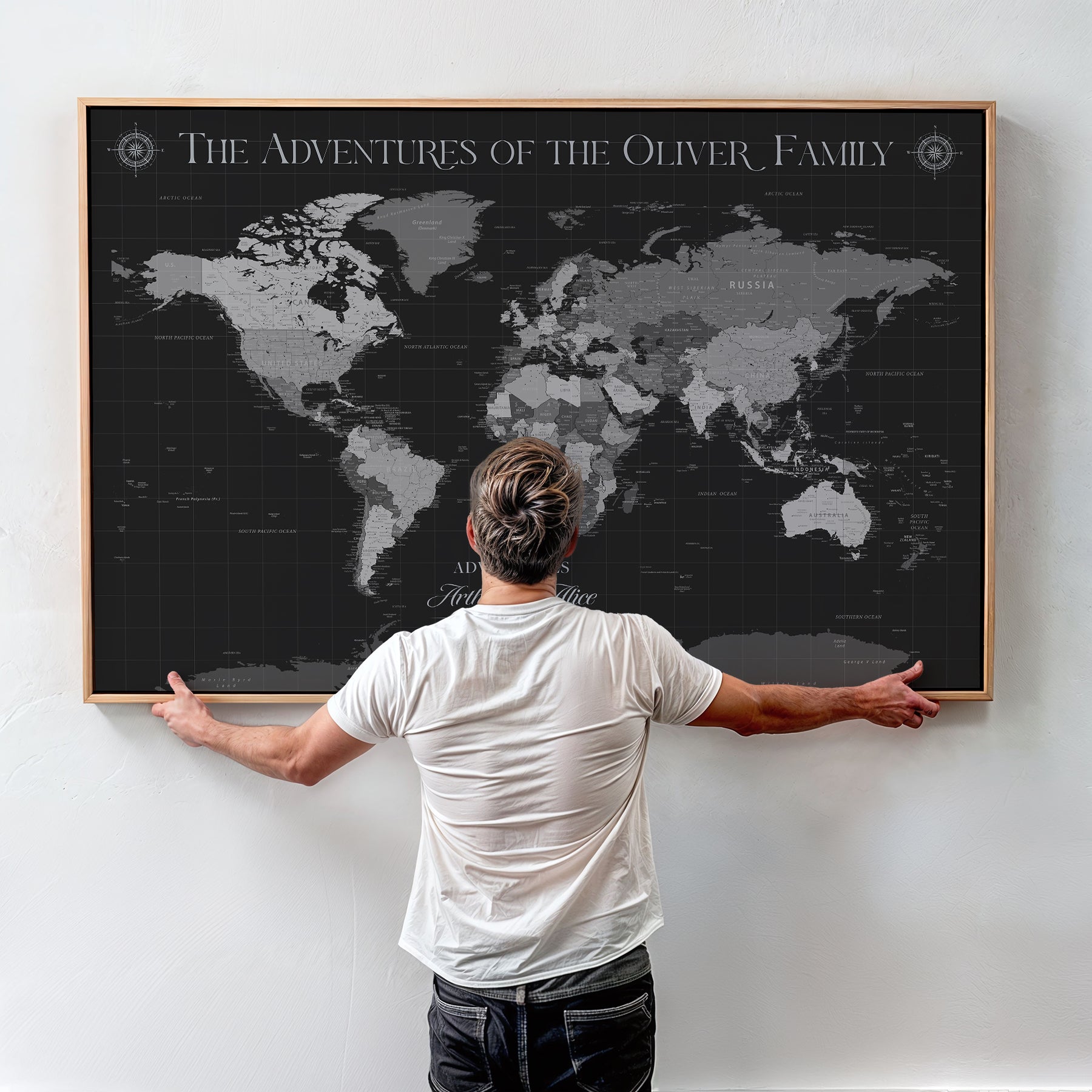 -Personalized Family World Map Canvas – Custom Framed Push Pin Travel Tracker, Modern Adventure Wall Art for Home, Office