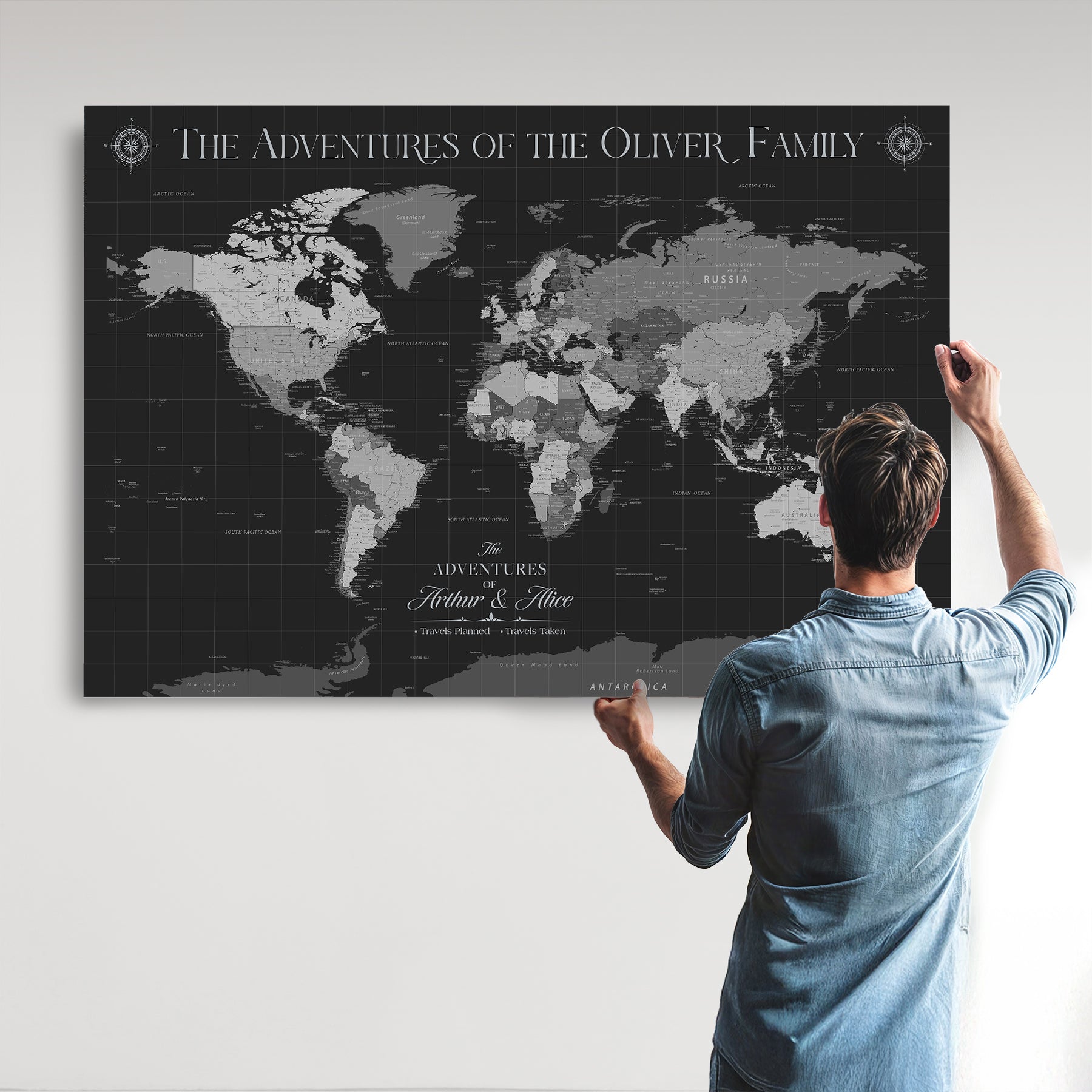 -Personalized Family World Map Canvas – Custom Framed Push Pin Travel Tracker, Modern Adventure Wall Art for Home, Office