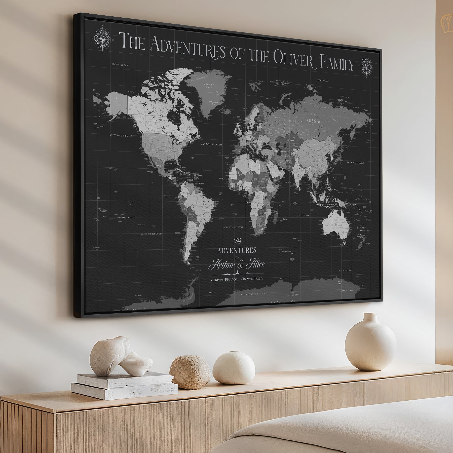 -Personalized Family World Map Canvas – Custom Framed Push Pin Travel Tracker, Modern Adventure Wall Art for Home, Office