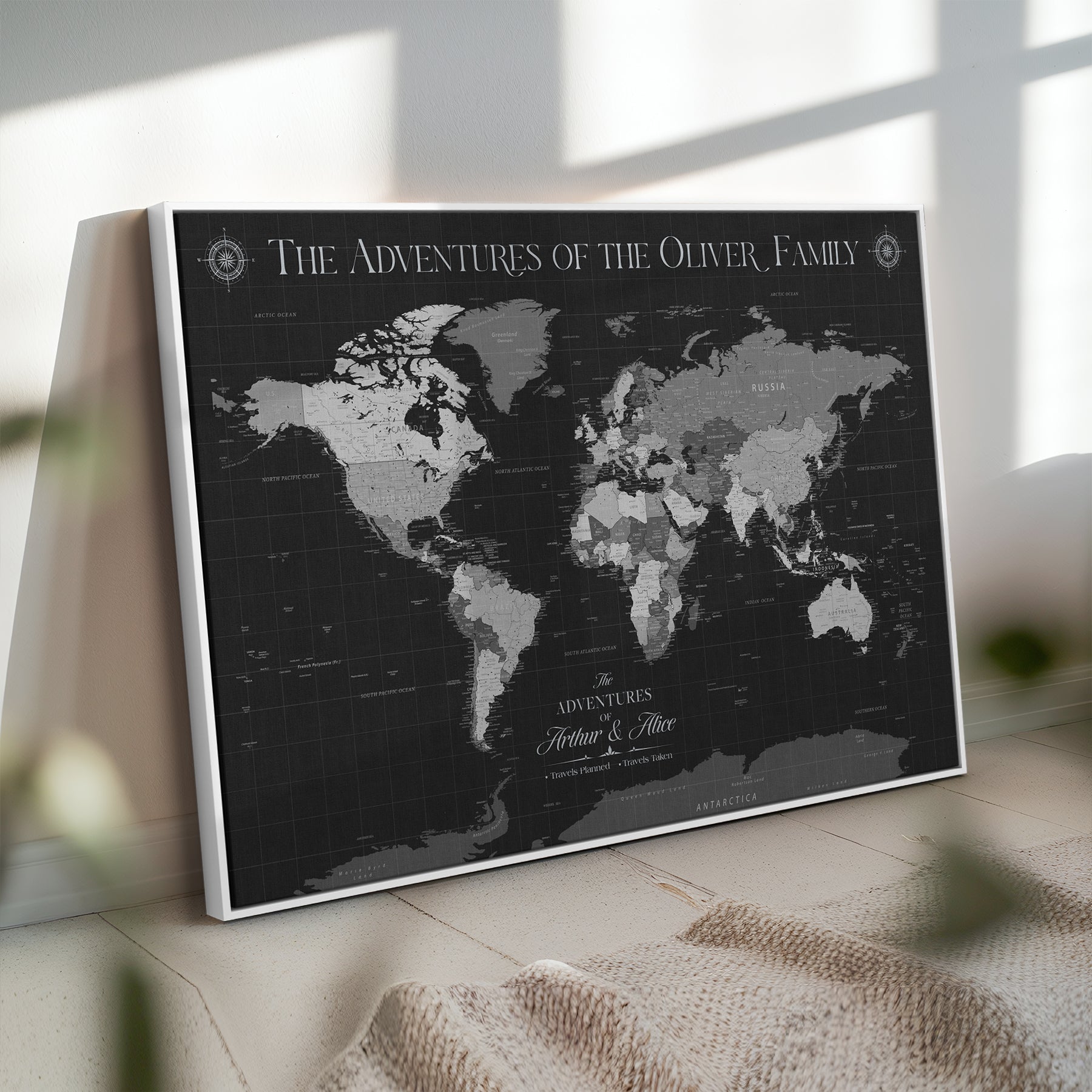 -Personalized Family World Map Canvas – Custom Framed Push Pin Travel Tracker, Modern Adventure Wall Art for Home, Office