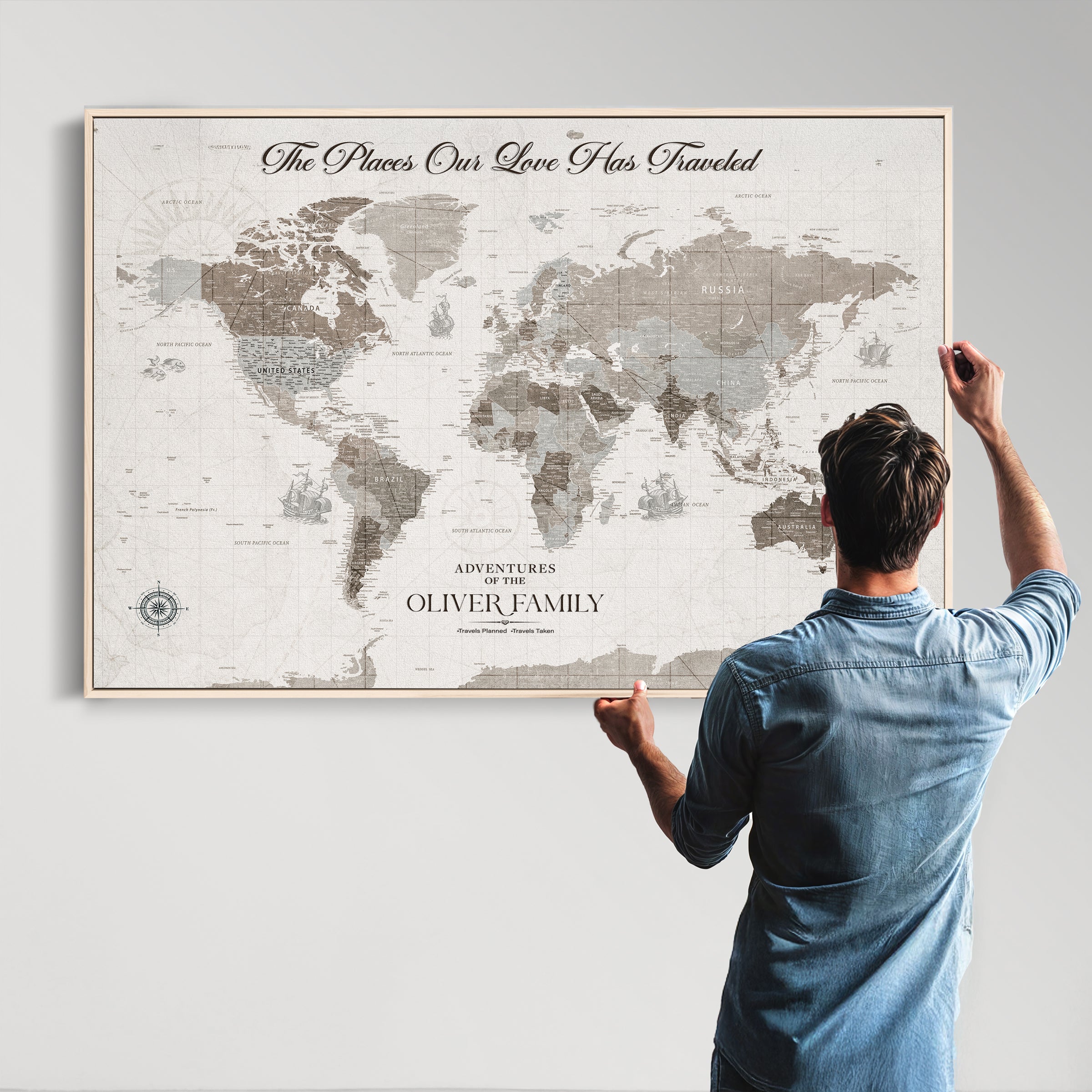 -Personalized Push Pin World Map Canvas – Custom Framed Travel Tracker Wall Art, Large Adventure Map with Pins for Home, Office