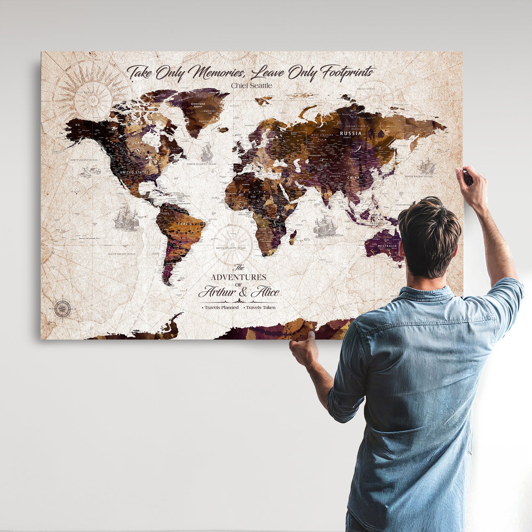 -Personalized World Map Canvas – Custom Framed Push Pin Travel Tracker, Elegant Wall Art Gift for Couples for Home, Office
