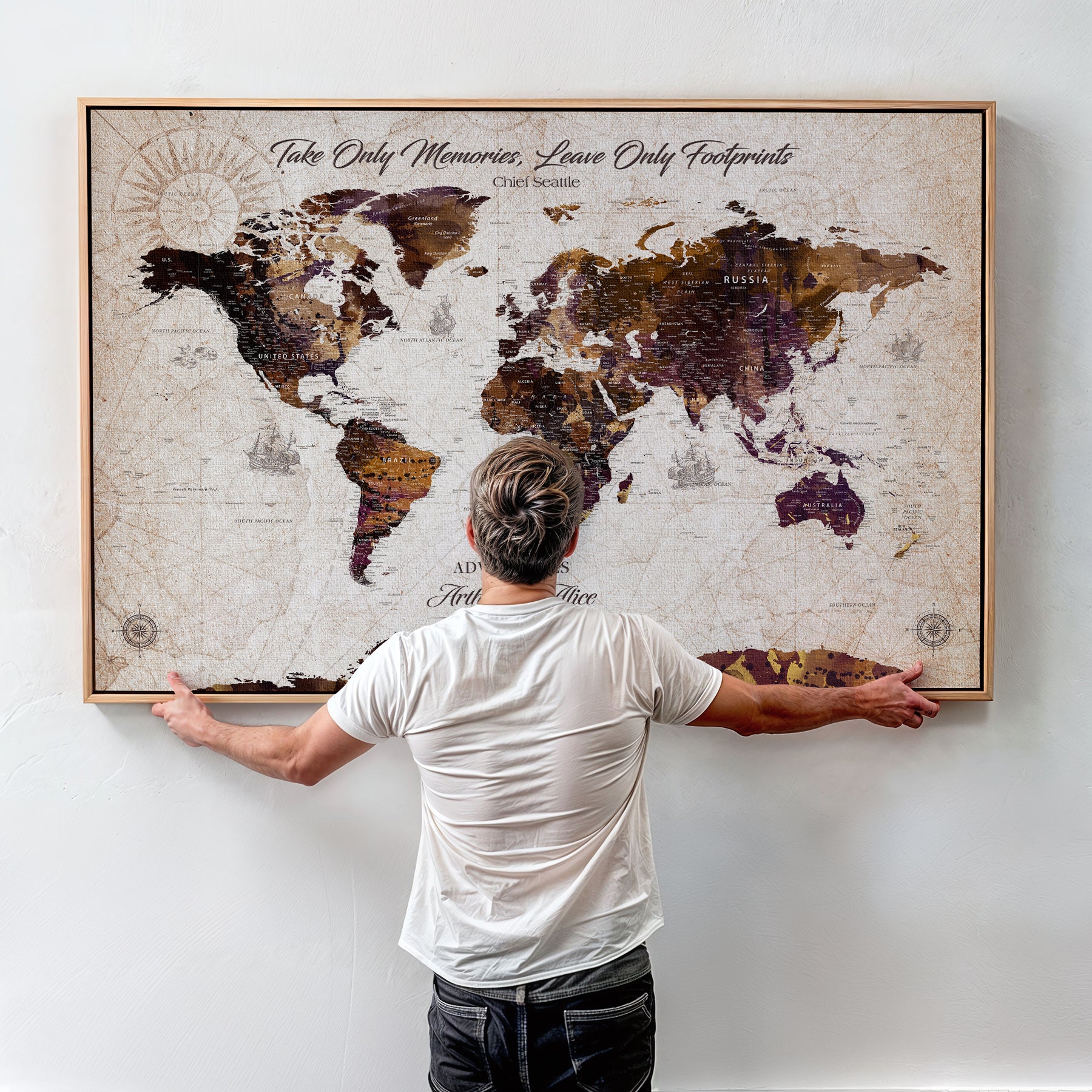 -Personalized World Map Canvas – Custom Framed Push Pin Travel Tracker, Elegant Wall Art Gift for Couples for Home, Office