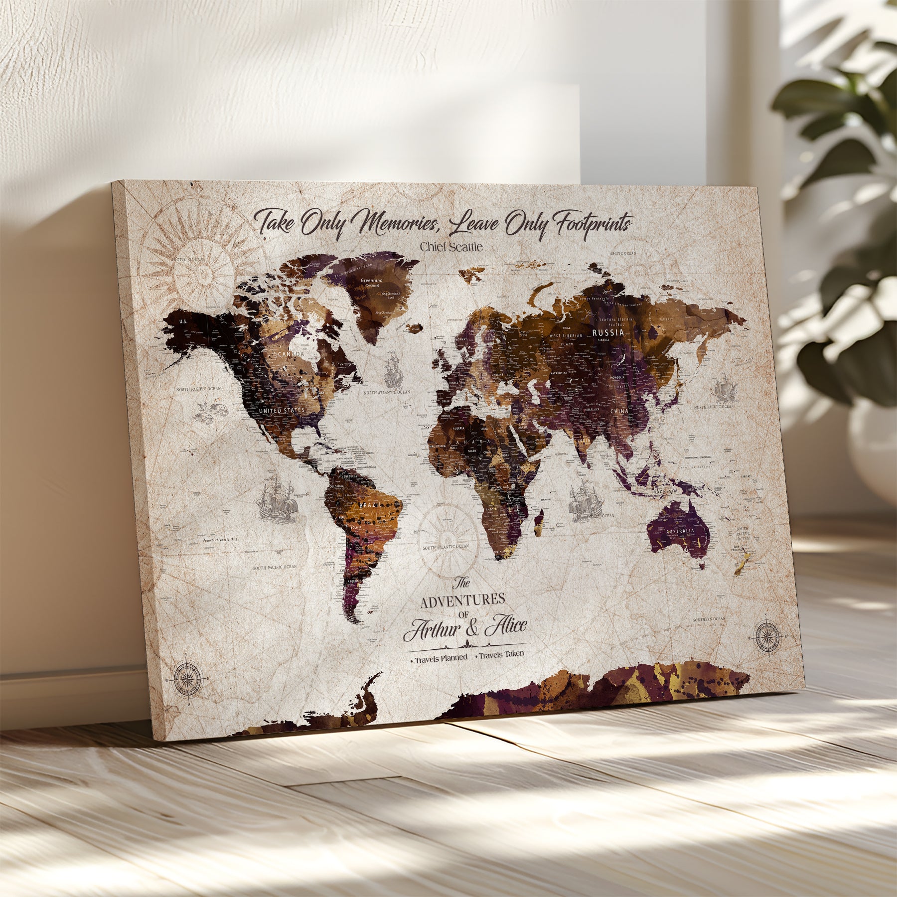 -Personalized World Map Canvas – Custom Framed Push Pin Travel Tracker, Elegant Wall Art Gift for Couples for Home, Office