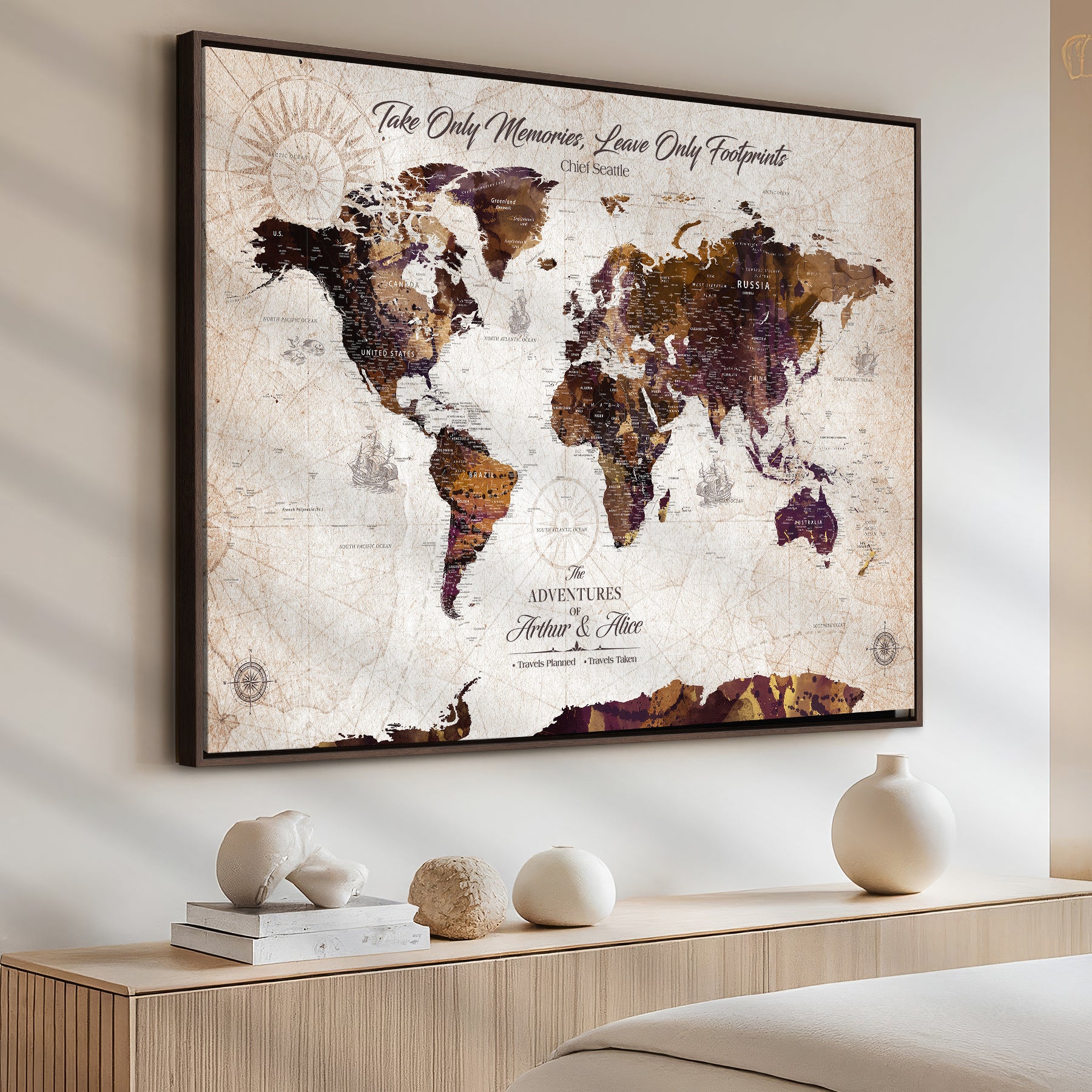 -Personalized World Map Canvas – Custom Framed Push Pin Travel Tracker, Elegant Wall Art Gift for Couples for Home, Office