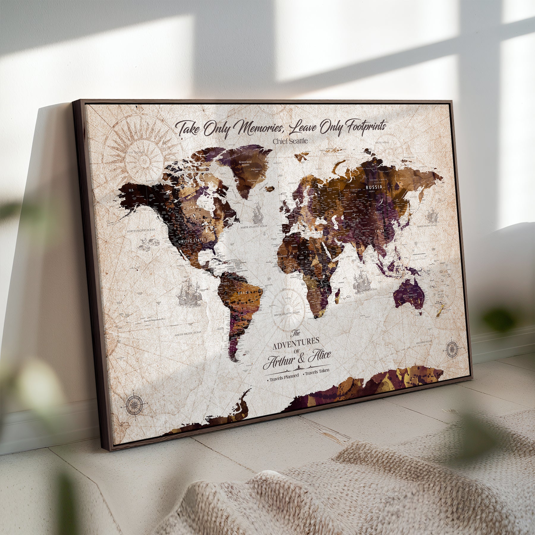 -Personalized World Map Canvas – Custom Framed Push Pin Travel Tracker, Elegant Wall Art Gift for Couples for Home, Office