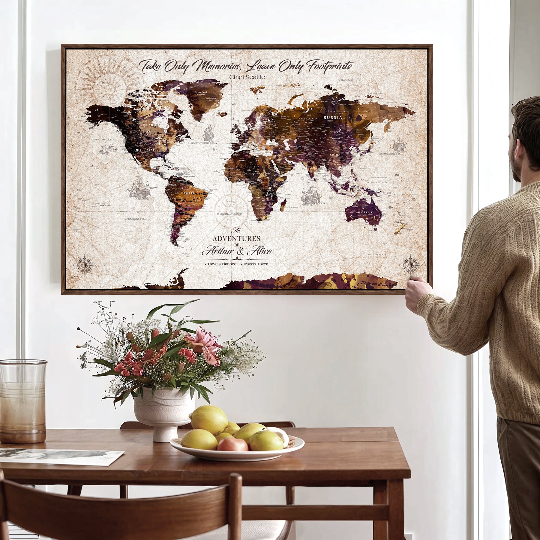 -Personalized World Map Canvas – Custom Framed Push Pin Travel Tracker, Elegant Wall Art Gift for Couples for Home, Office