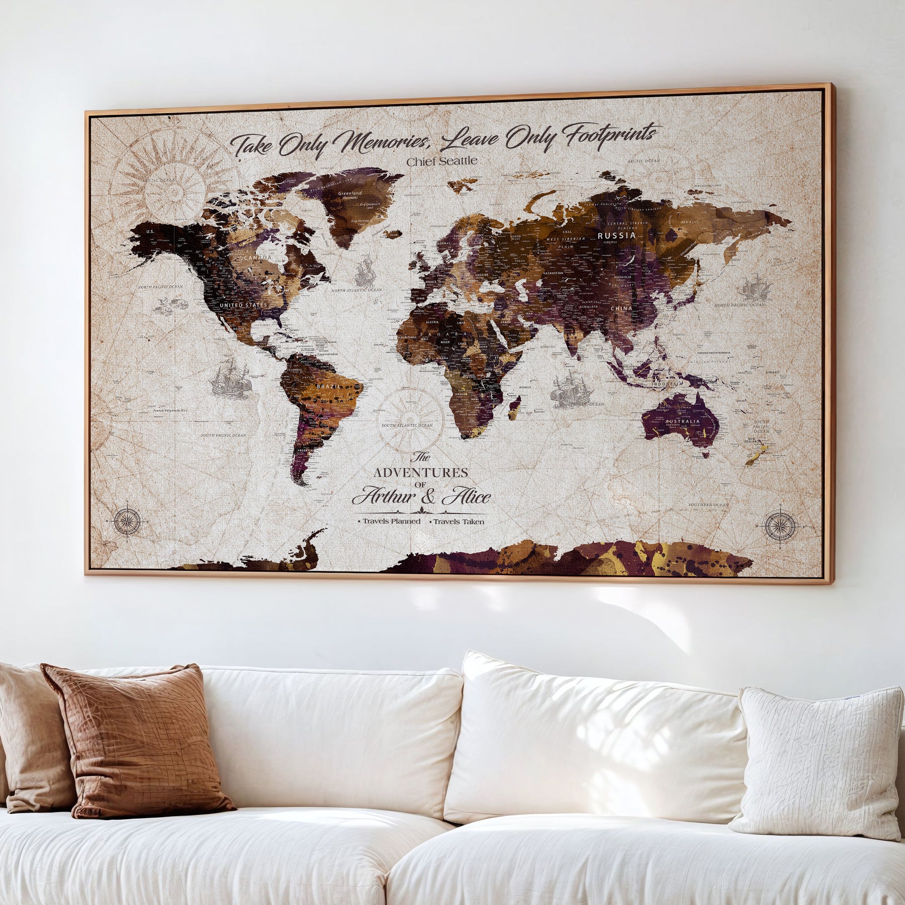 -Personalized World Map Canvas – Custom Framed Push Pin Travel Tracker, Elegant Wall Art Gift for Couples for Home, Office