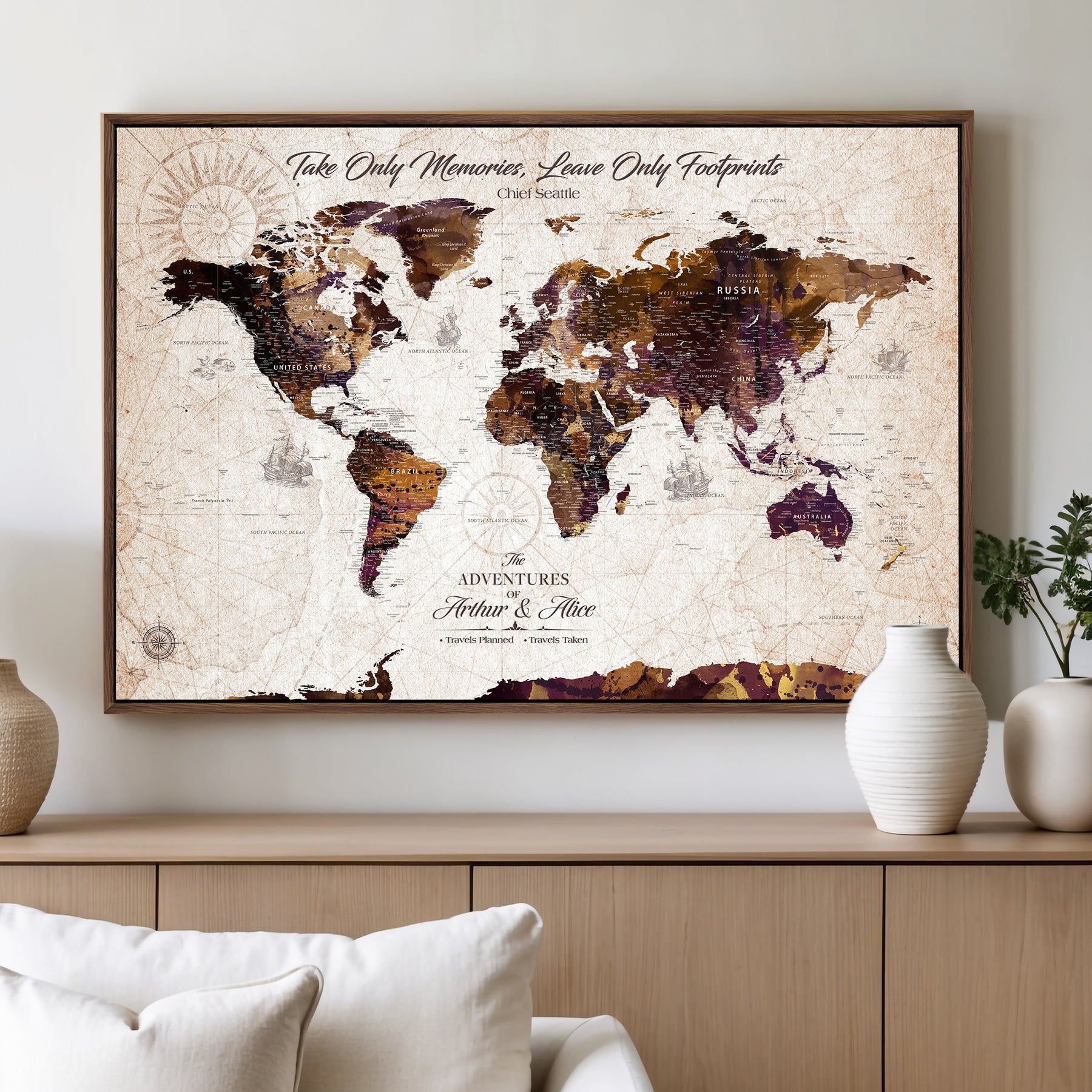 -Personalized World Map Canvas – Custom Framed Push Pin Travel Tracker, Elegant Wall Art Gift for Couples for Home, Office