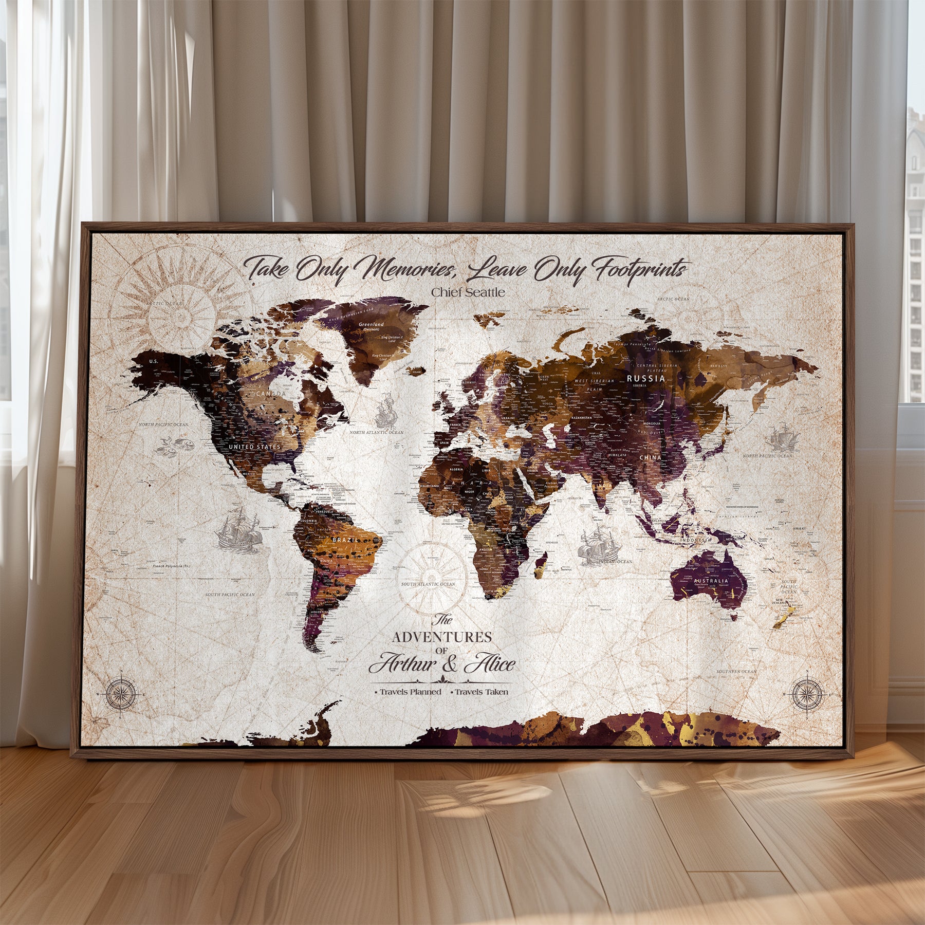 -Personalized World Map Canvas – Custom Framed Push Pin Travel Tracker, Elegant Wall Art Gift for Couples for Home, Office