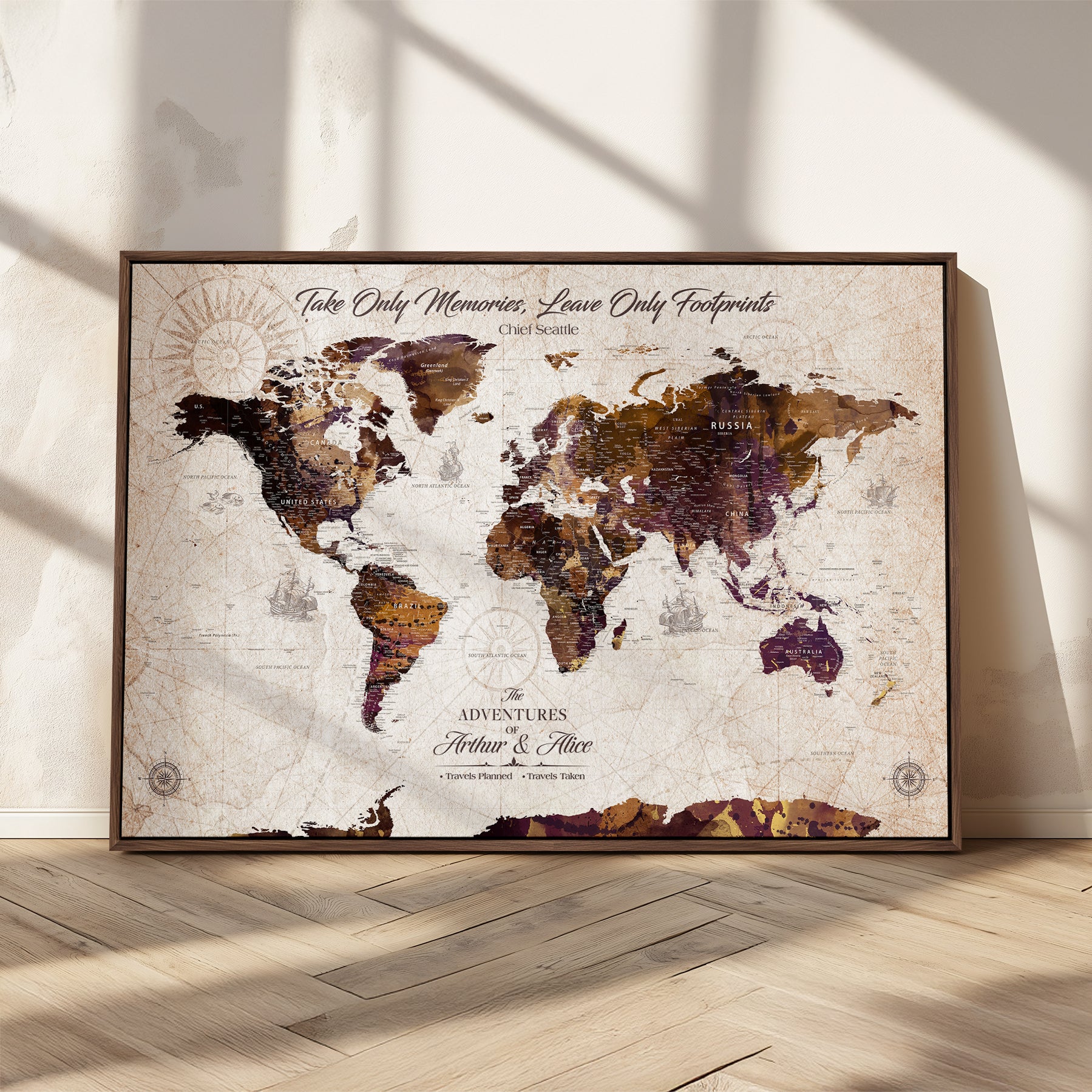 -Personalized World Map Canvas – Custom Framed Push Pin Travel Tracker, Elegant Wall Art Gift for Couples for Home, Office
