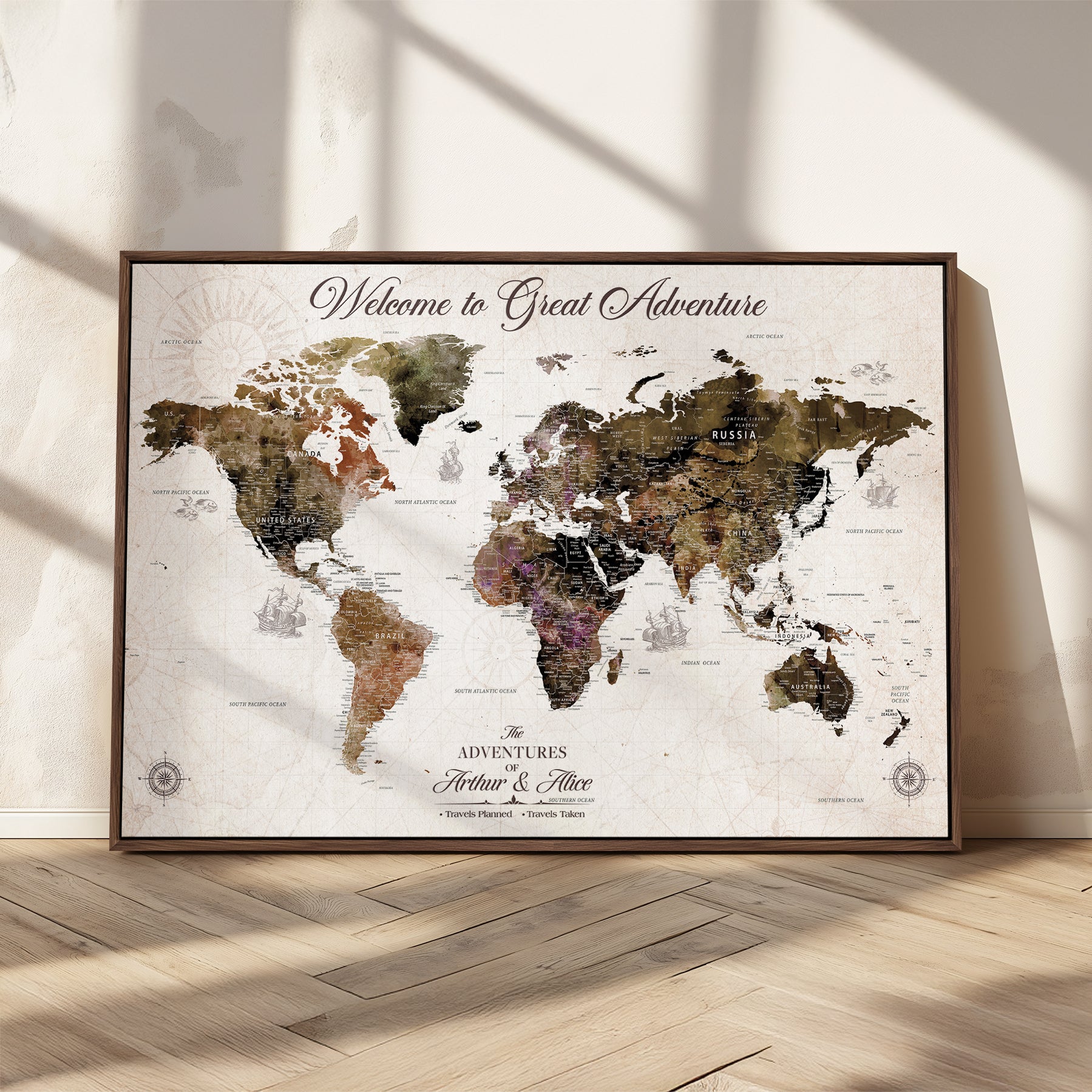 -Personalized World Map Canvas Custom Framed Push Pin Travel Tracker Vintage Adventure Wall Art Gift Couples Travelers Home, Office