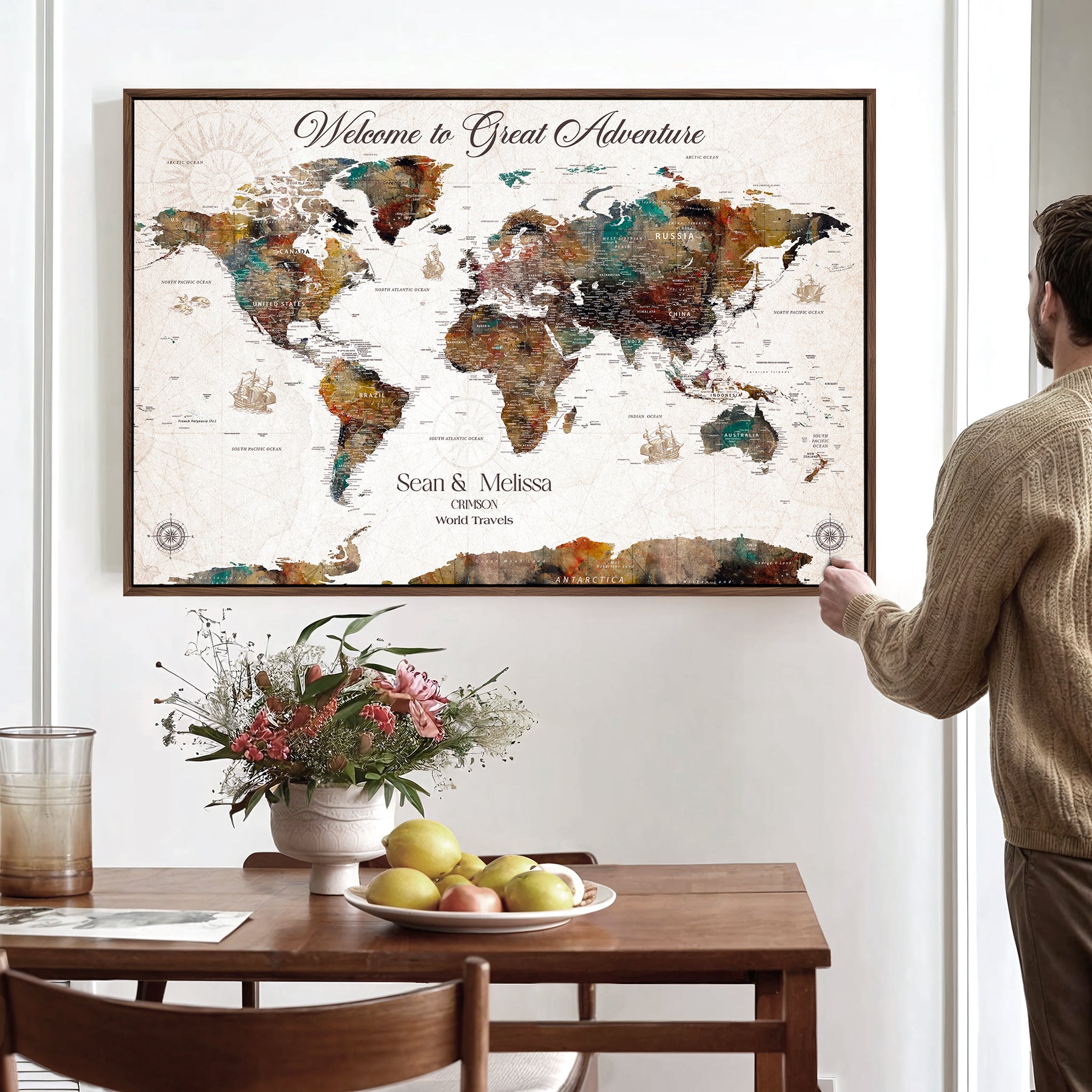 -Personalized World Map Canvas Custom Framed Push Pin Travel Tracker Vintage Adventure Wall Art Gift Couples Travelers Home, Office