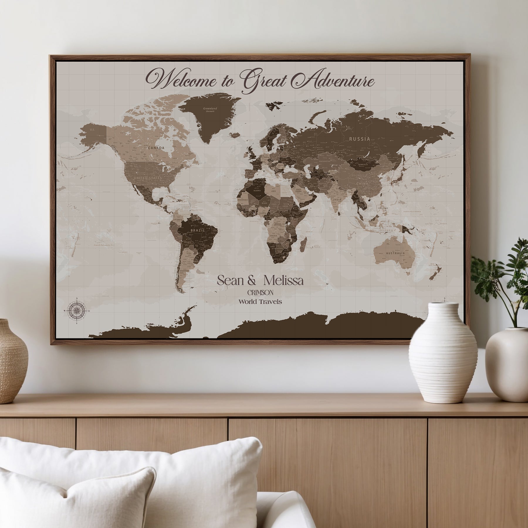 -Personalized World Map Canvas Custom Framed Push Pin Travel Tracker Modern Minimalist Wall Art Gift Couples for Home, Office