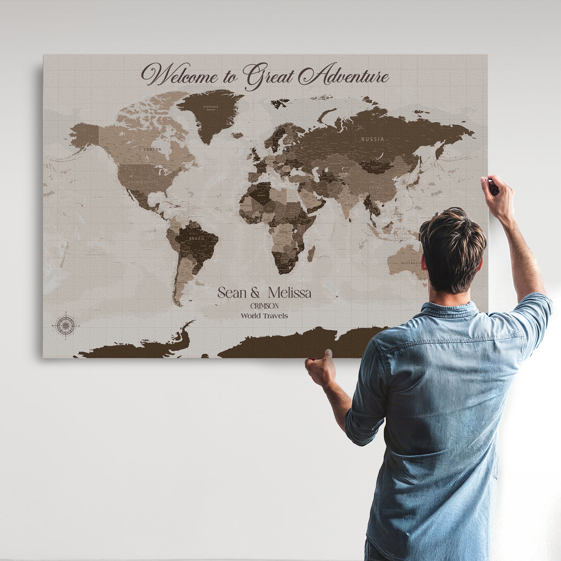 -Personalized World Map Canvas Custom Framed Push Pin Travel Tracker Modern Minimalist Wall Art Gift Couples for Home, Office
