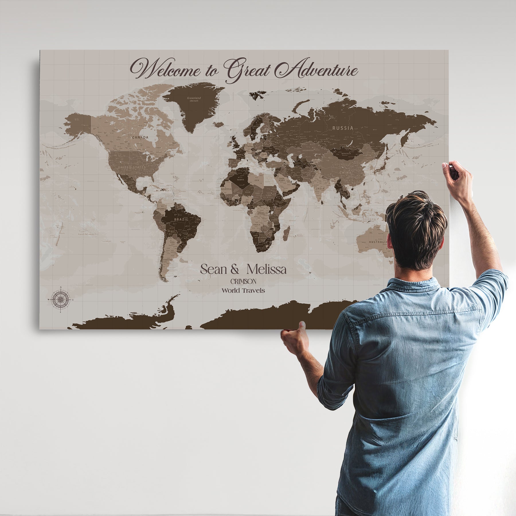 -Personalized World Map Canvas Custom Framed Push Pin Travel Tracker Modern Minimalist Wall Art Gift Couples for Home, Office