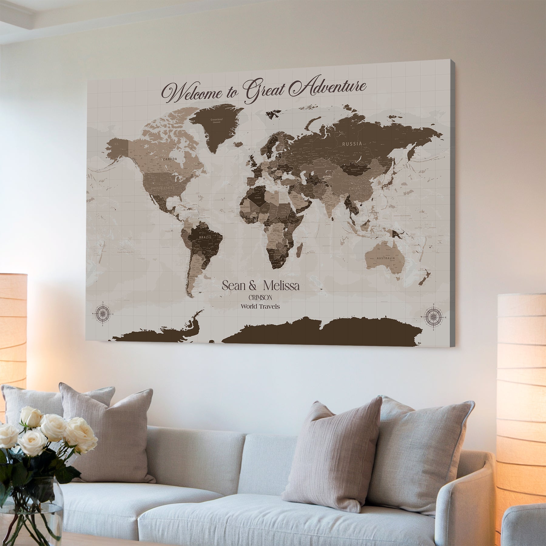 -Personalized World Map Canvas Custom Framed Push Pin Travel Tracker Modern Minimalist Wall Art Gift Couples for Home, Office