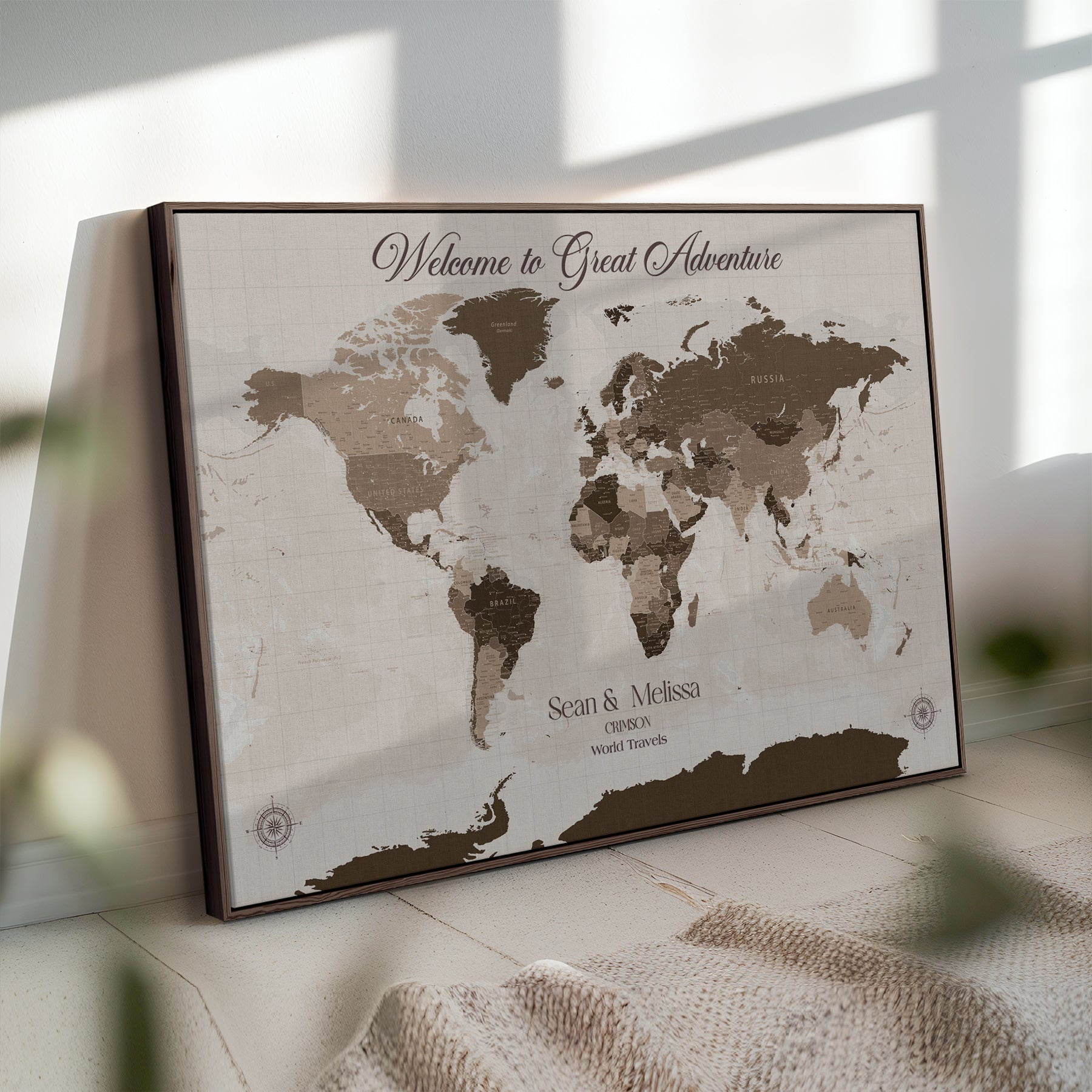 -Personalized World Map Canvas Custom Framed Push Pin Travel Tracker Modern Minimalist Wall Art Gift Couples for Home, Office