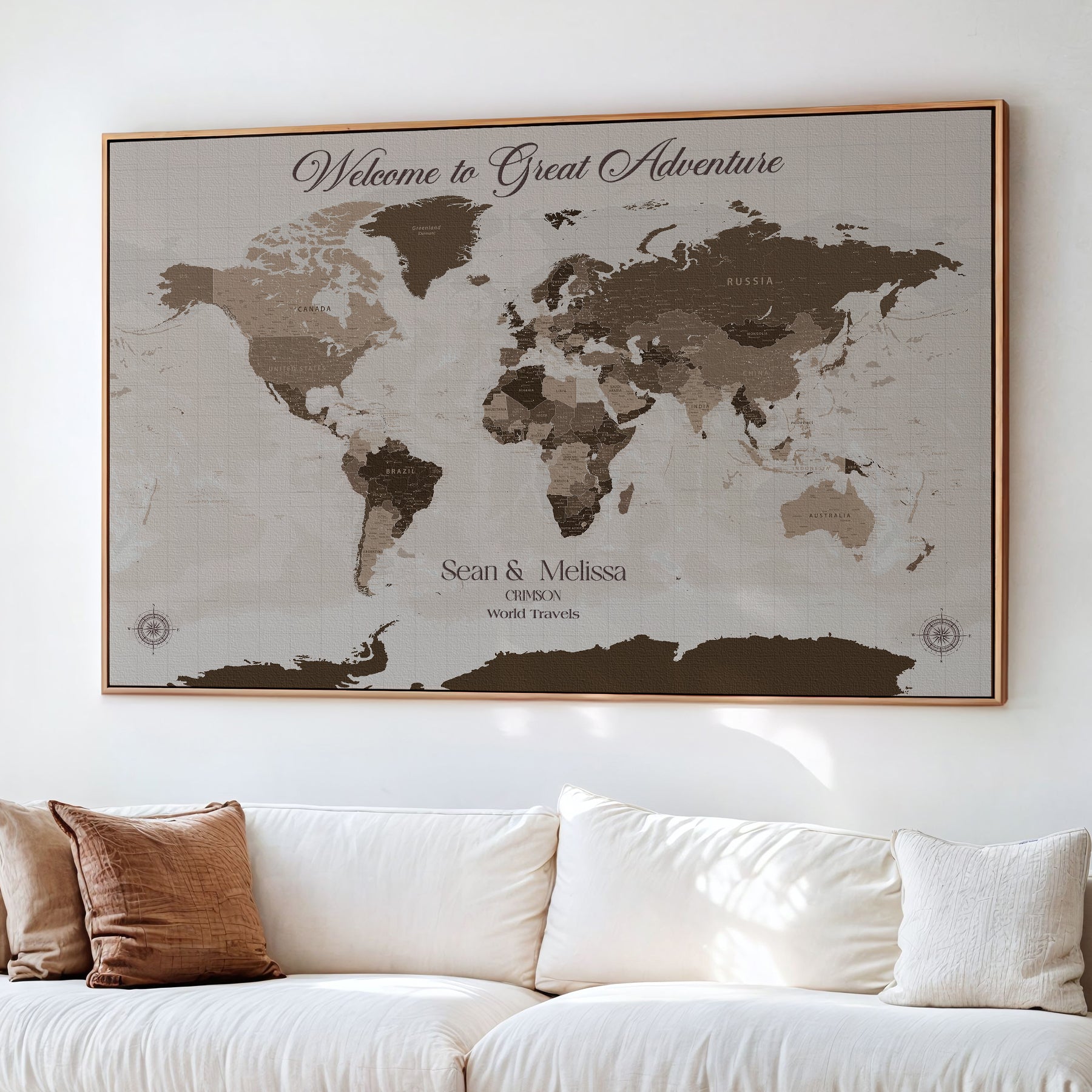 -Personalized World Map Canvas Custom Framed Push Pin Travel Tracker Modern Minimalist Wall Art Gift Couples for Home, Office