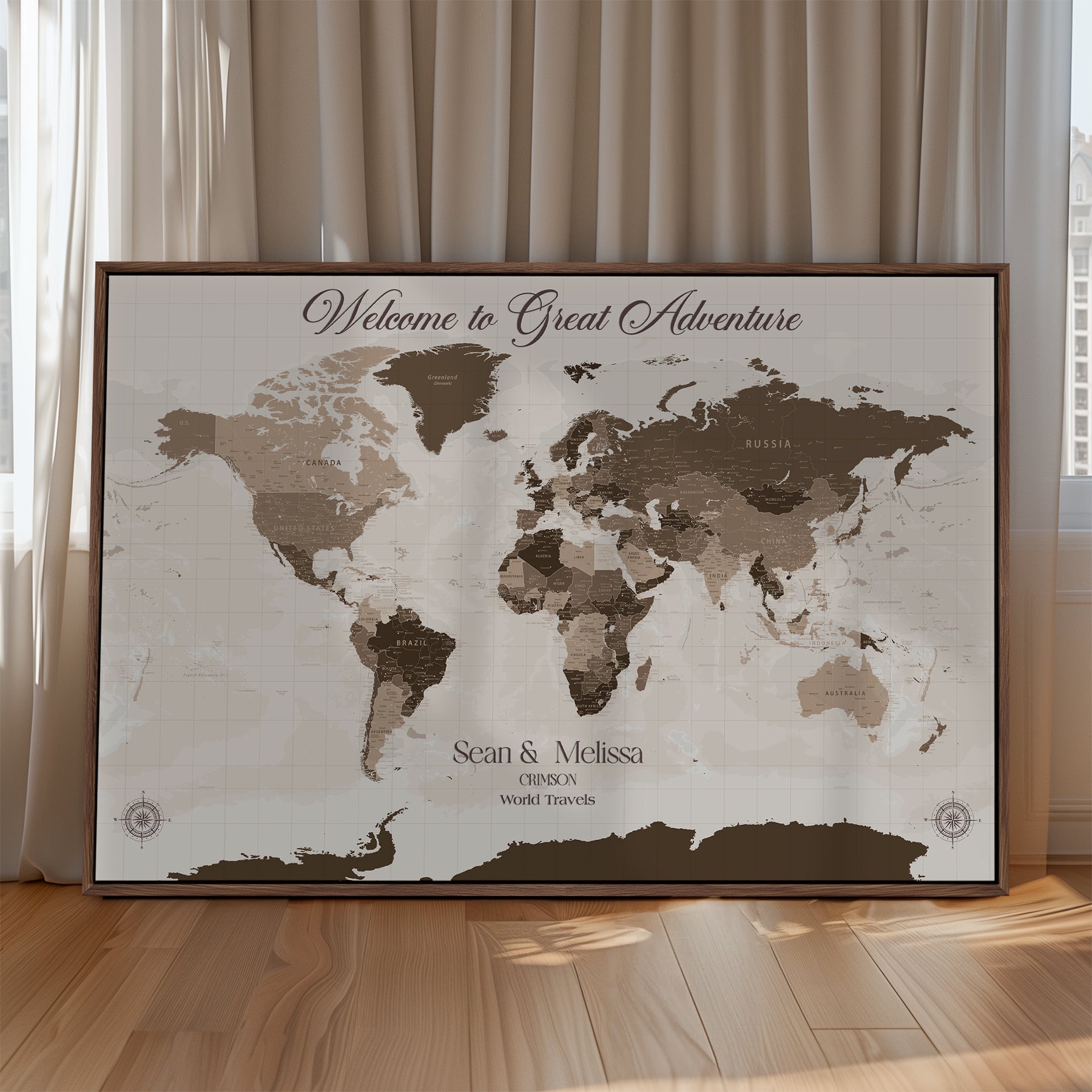 -Personalized World Map Canvas Custom Framed Push Pin Travel Tracker Modern Minimalist Wall Art Gift Couples for Home, Office