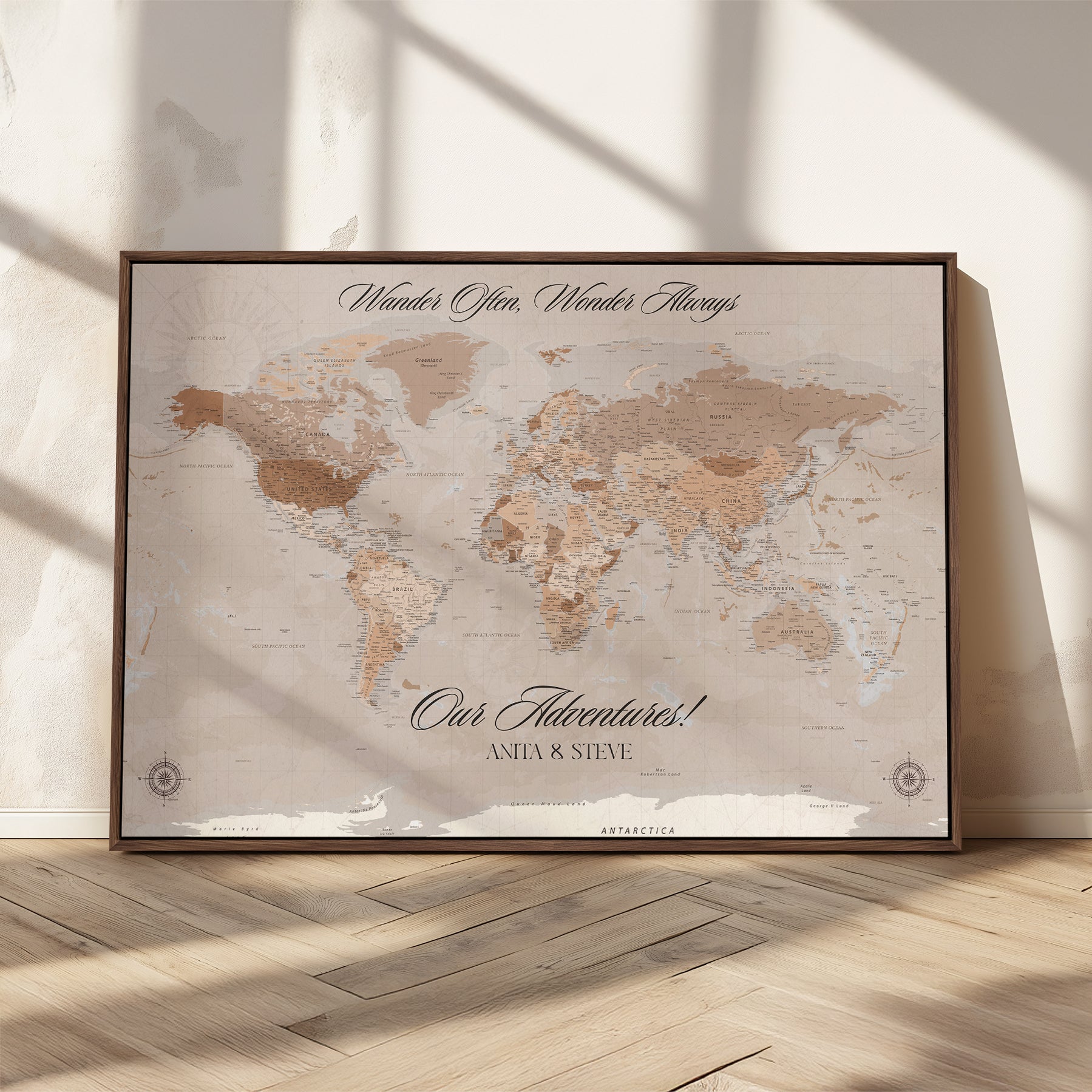 -Personalized World Map Canvas Custom Framed Push Pin Travel Tracker Elegant Neutral Wall Art Gift Couples Travelers for Home, Office