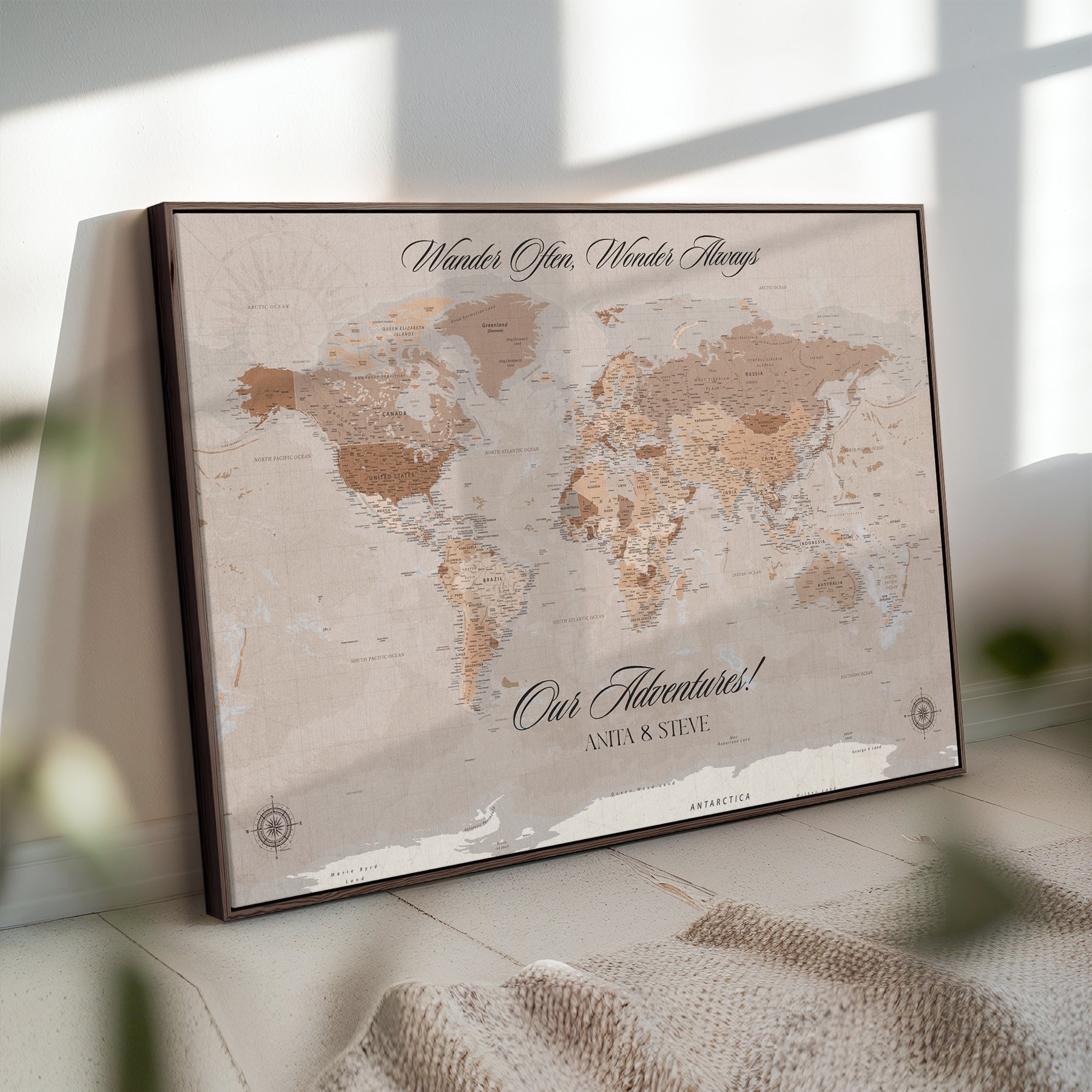 -Personalized World Map Canvas Custom Framed Push Pin Travel Tracker Elegant Neutral Wall Art Gift Couples Travelers for Home, Office