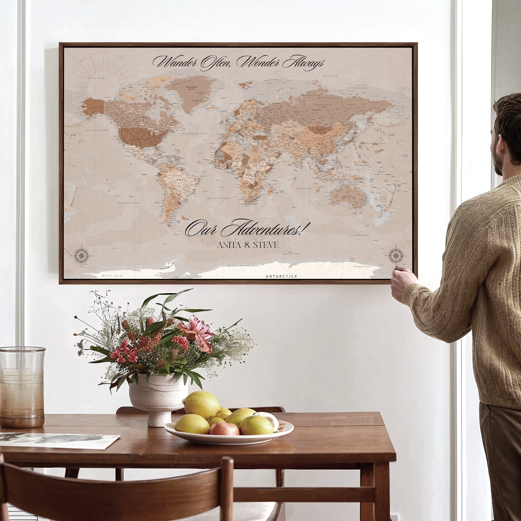 -Personalized World Map Canvas Custom Framed Push Pin Travel Tracker Elegant Neutral Wall Art Gift Couples Travelers for Home, Office