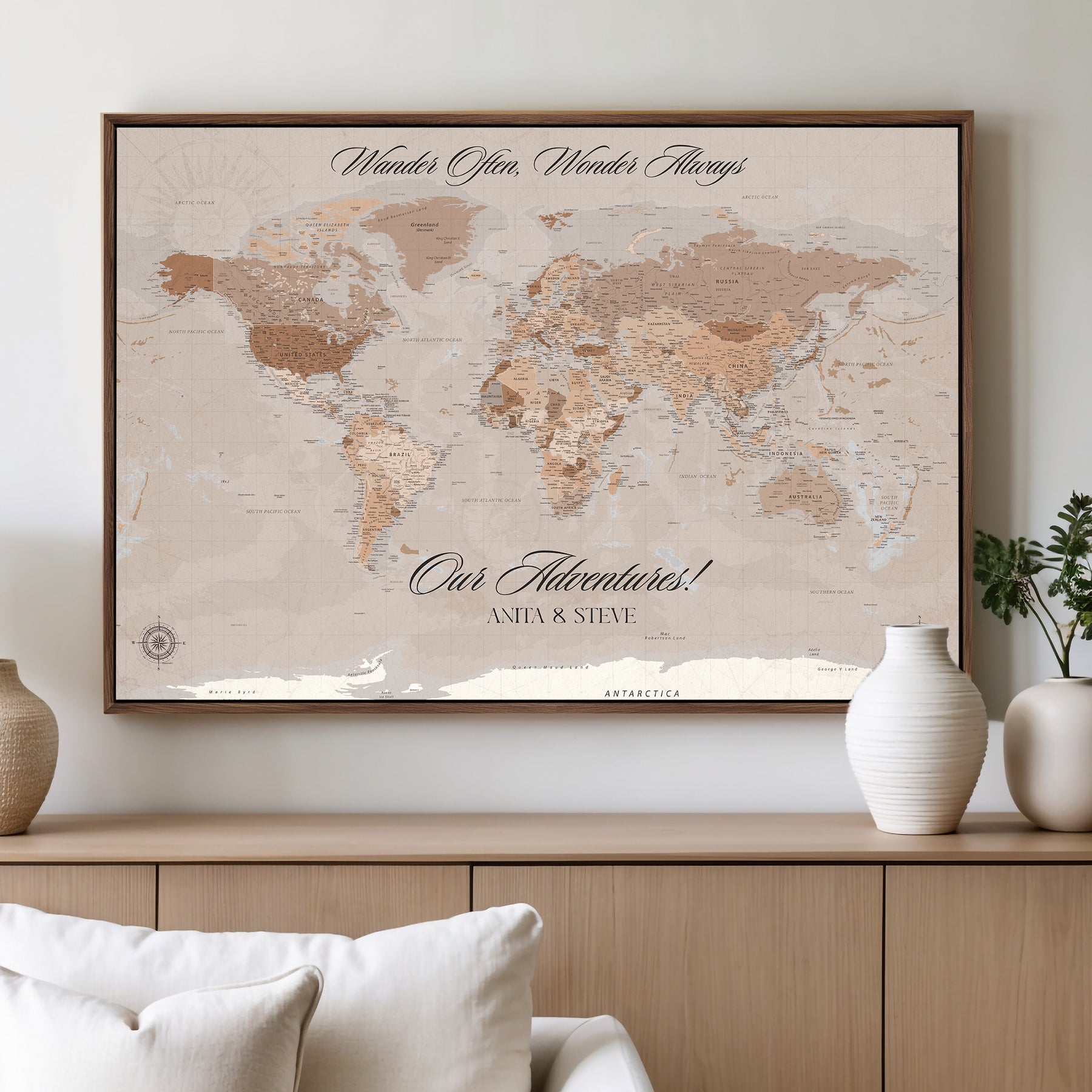-Personalized World Map Canvas Custom Framed Push Pin Travel Tracker Elegant Neutral Wall Art Gift Couples Travelers for Home, Office