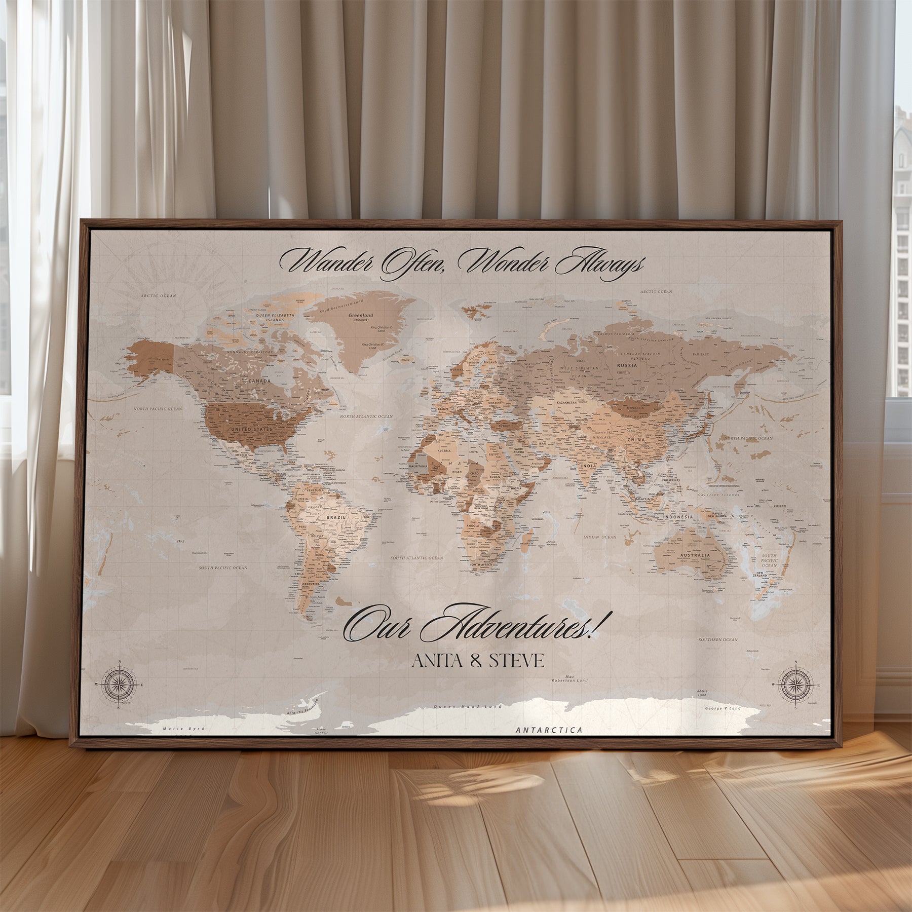 -Personalized World Map Canvas Custom Framed Push Pin Travel Tracker Elegant Neutral Wall Art Gift Couples Travelers for Home, Office