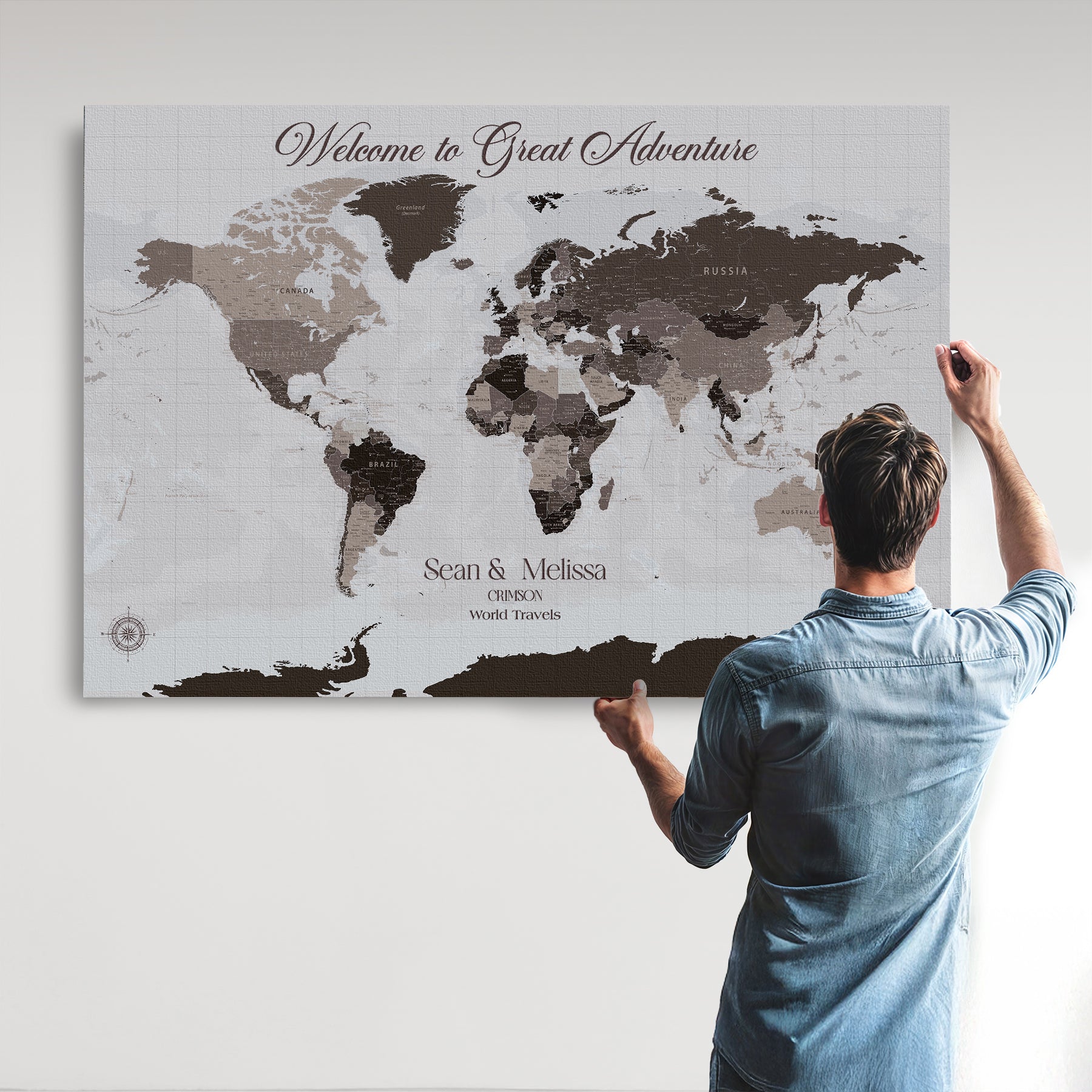 -Personalized Gray Brown World Map Canvas Custom Framed Push Pin Travel Tracker Modern Neutral Wall Art Gift Couples for Home, Office